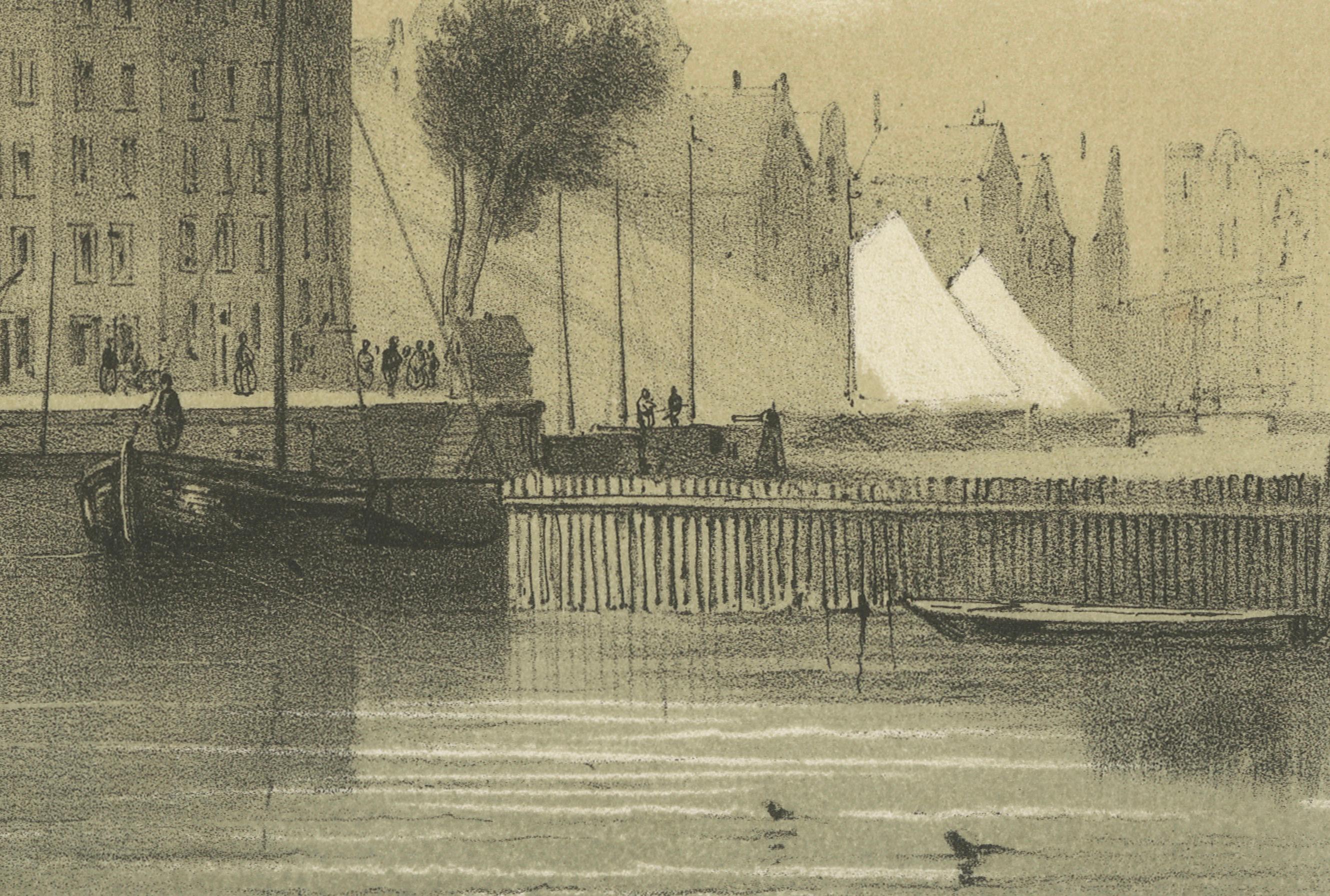1857 Lithographie des Amsterdamer Oosterdok-Kais und Hafens im Angebot 1