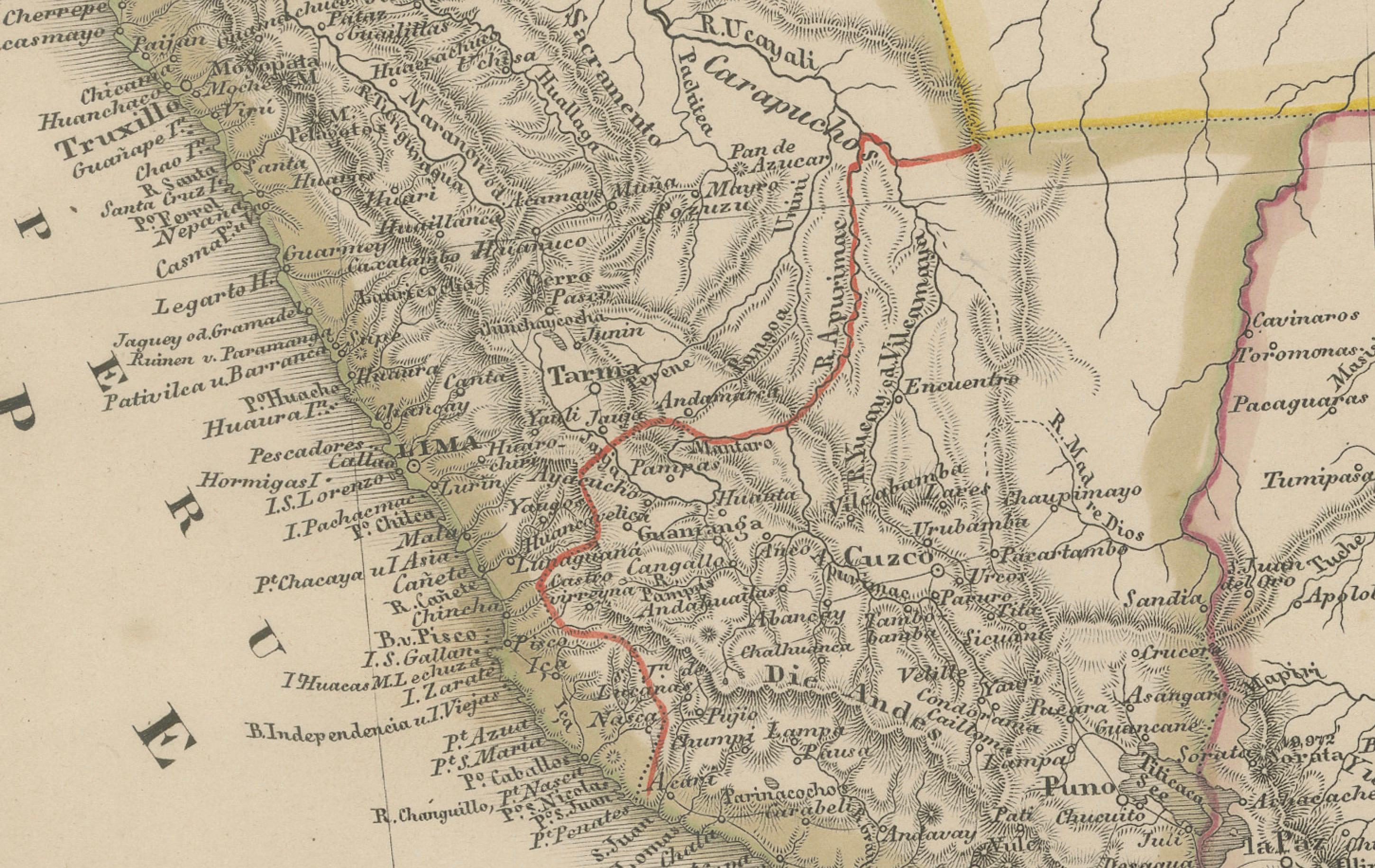 1857 Mapa del norte de Sudamérica - Brasil, Colombia, Perú por Stülpnagel Alemán en venta