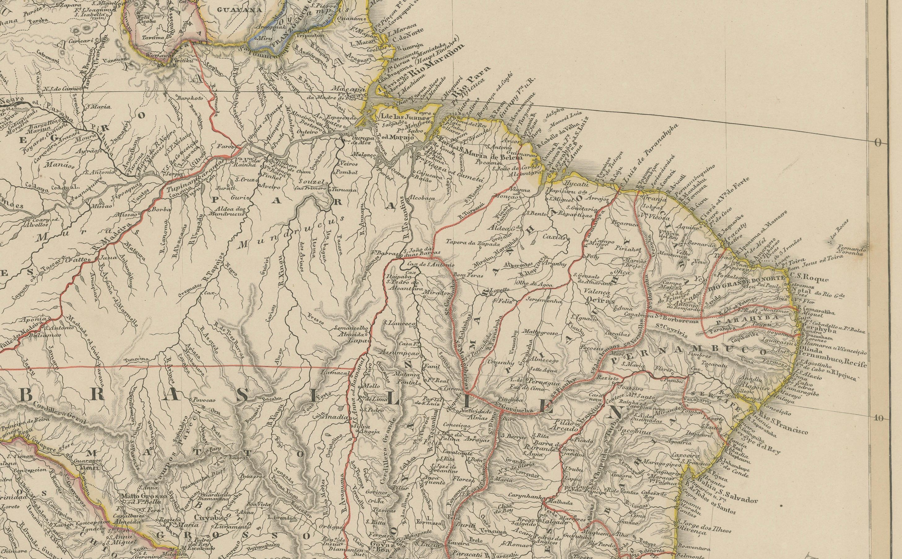 1857 Mapa del norte de Sudamérica - Brasil, Colombia, Perú por Stülpnagel Grabado en venta