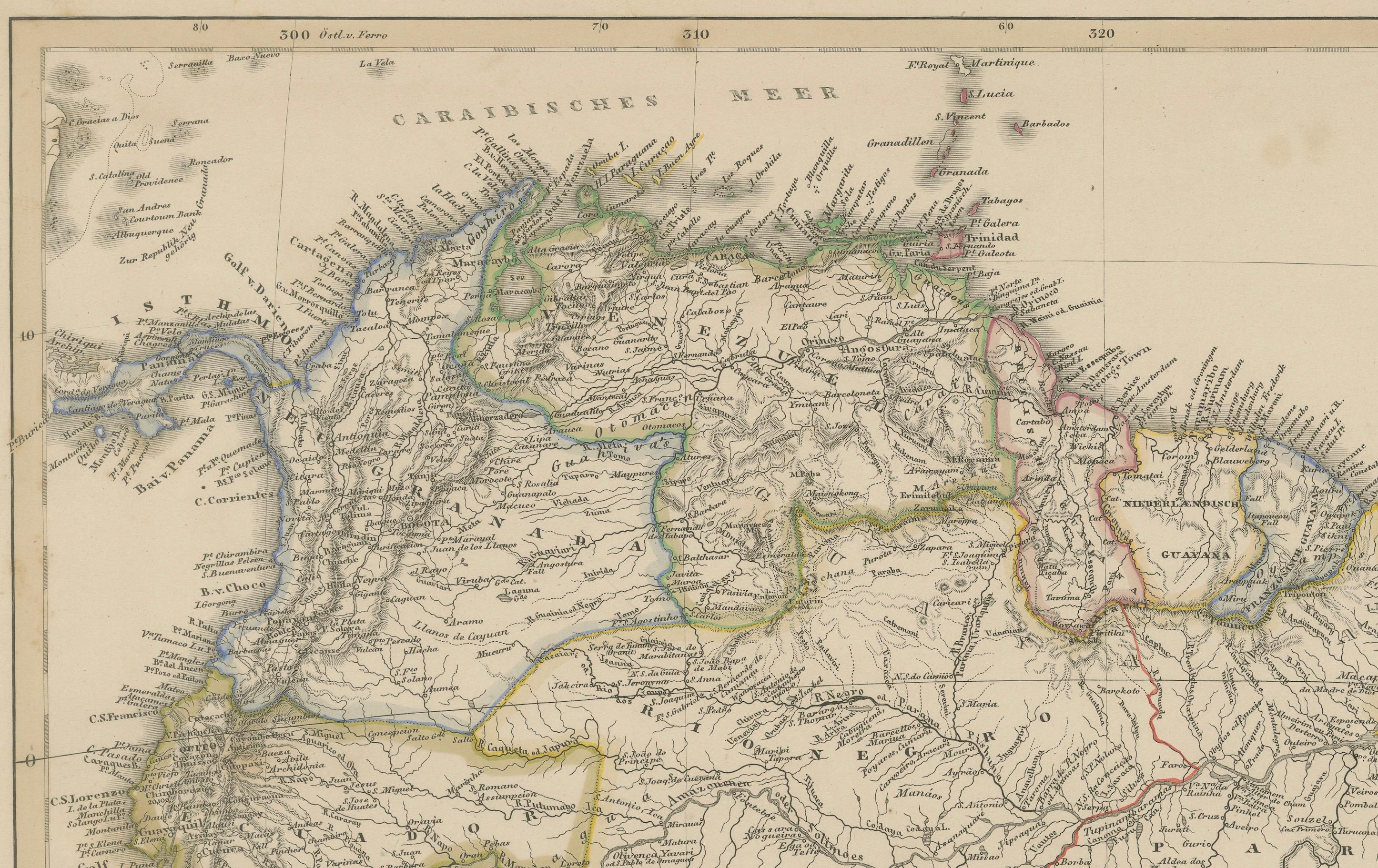 1857 Mapa del norte de Sudamérica - Brasil, Colombia, Perú por Stülpnagel en Bueno estado para la venta en Langweer, NL