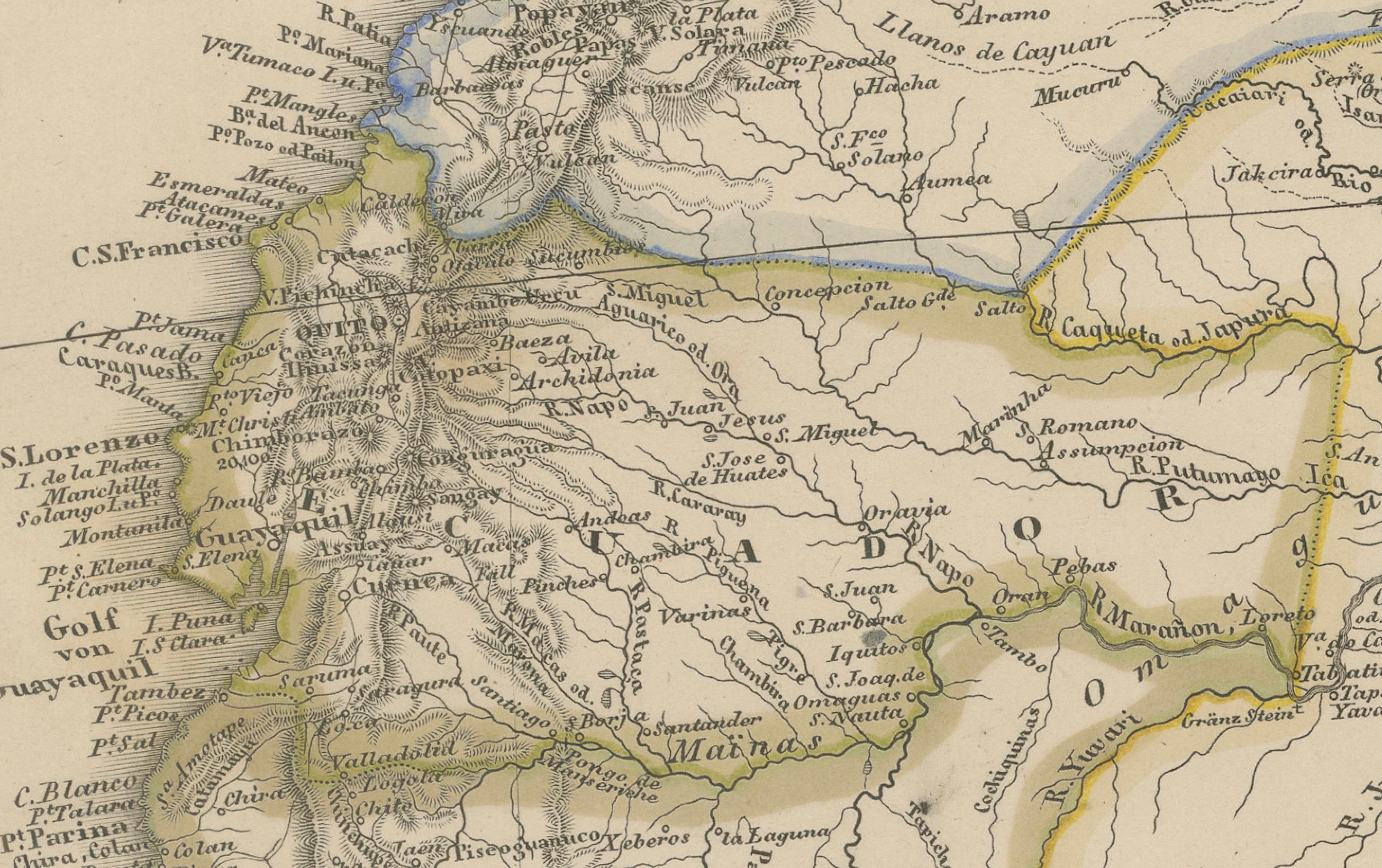 1857 Mapa del norte de Sudamérica - Brasil, Colombia, Perú por Stülpnagel siglo XIX en venta