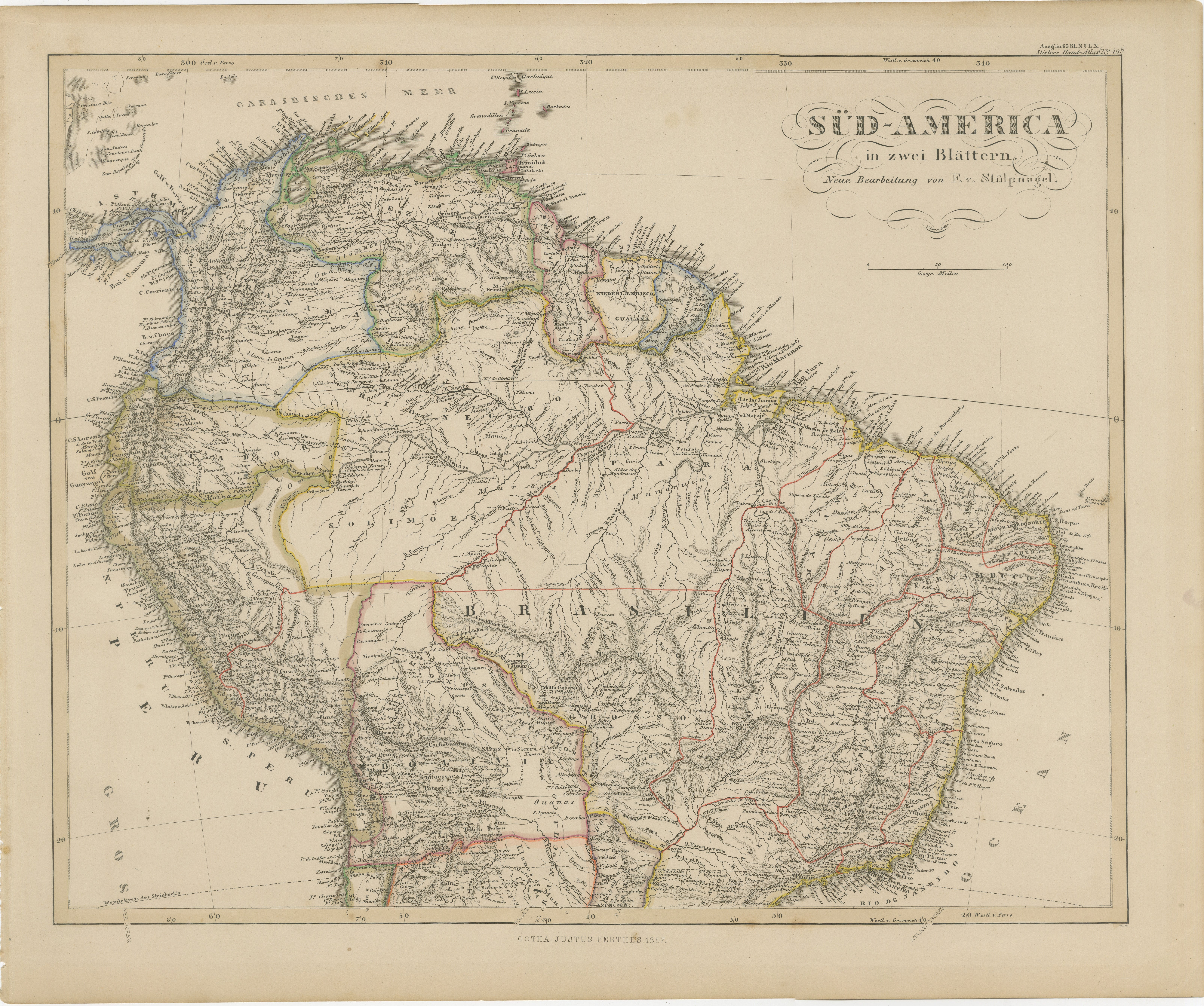1857 Mapa del norte de Sudamérica - Brasil, Colombia, Perú por Stülpnagel