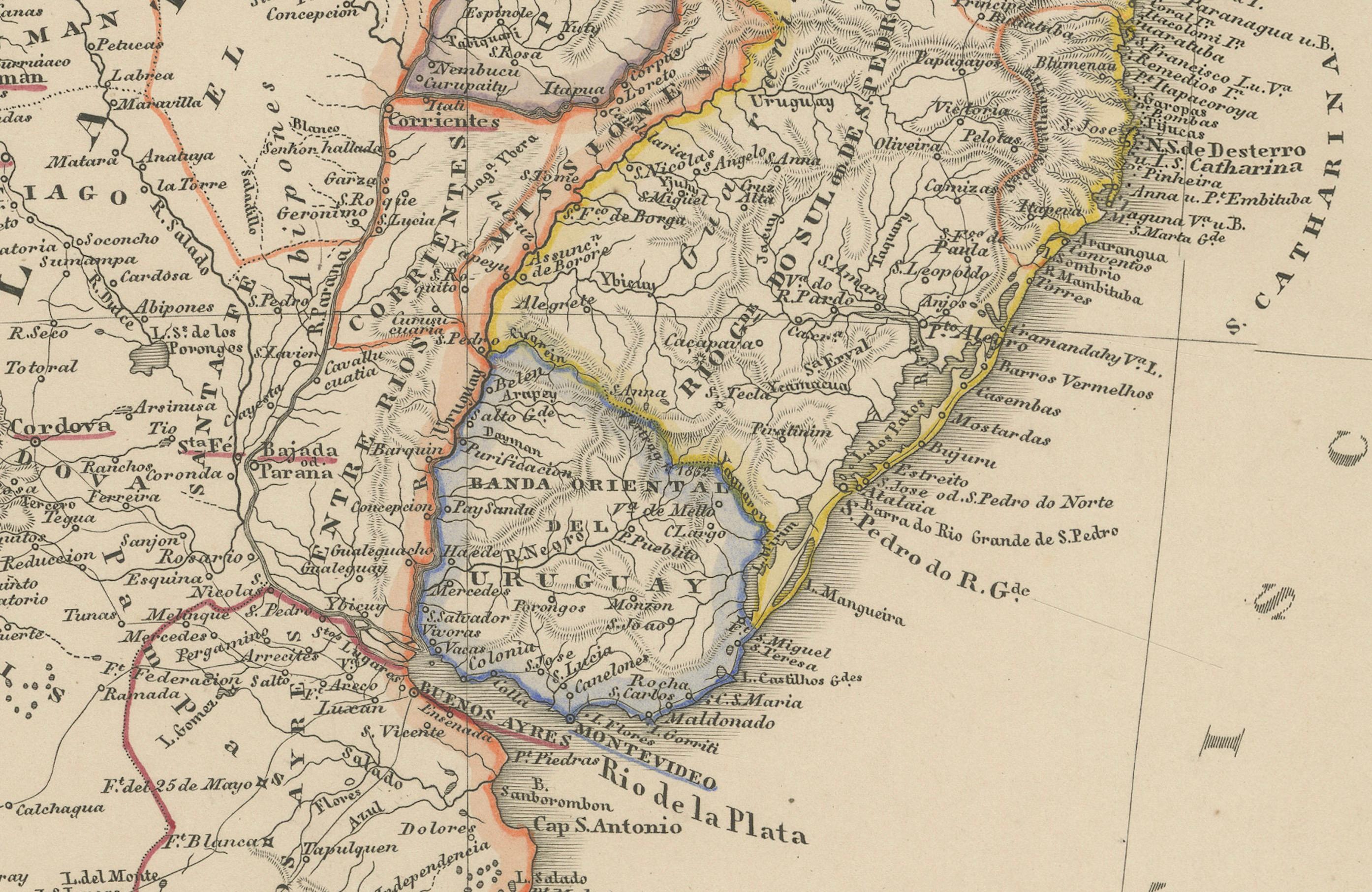 1857 Mapa del Sur de Sudamérica - Argentina, Chile, Río de Janeiro siglo XIX en venta