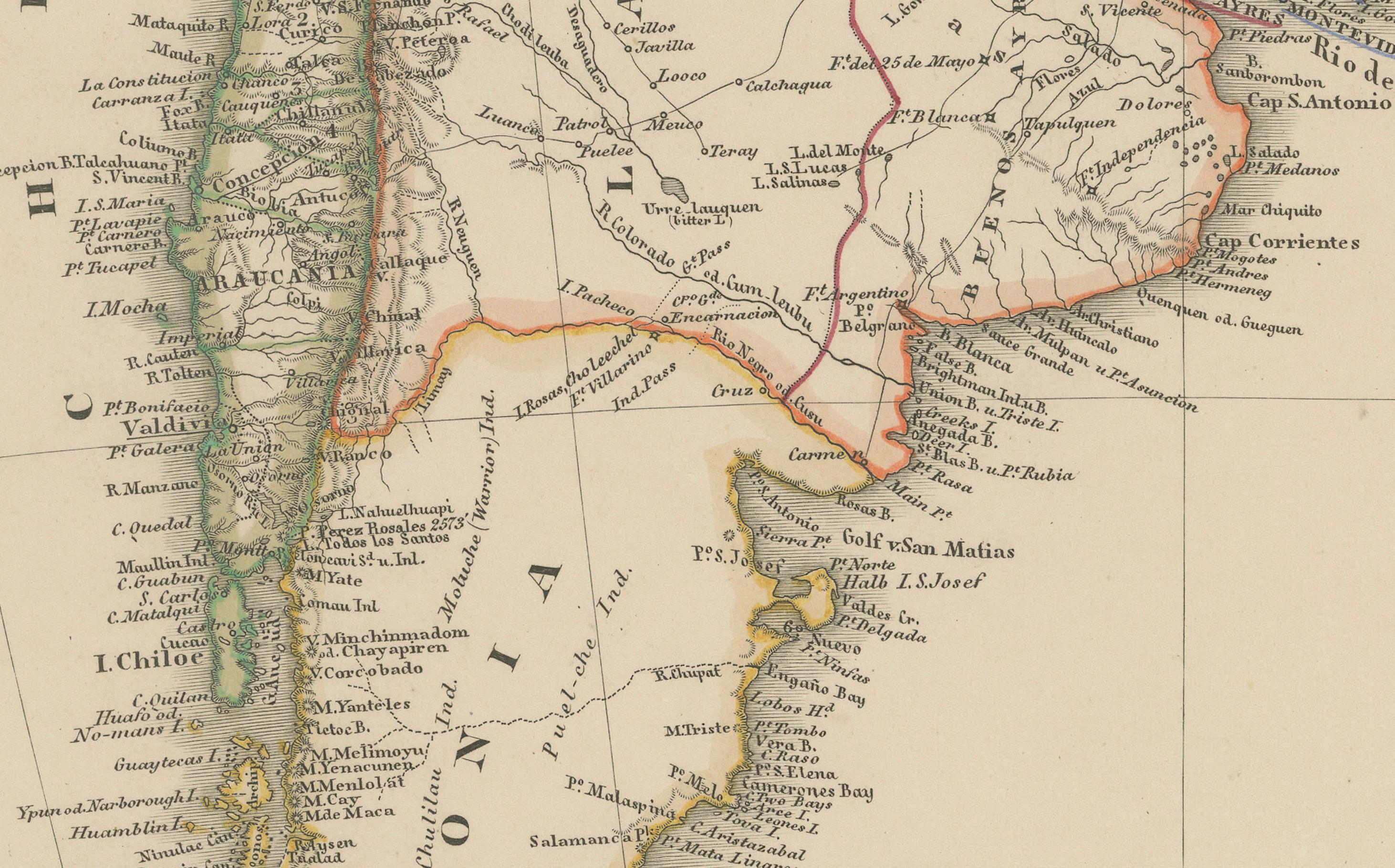 1857 Mapa del Sur de Sudamérica - Argentina, Chile, Río de Janeiro Papel en venta