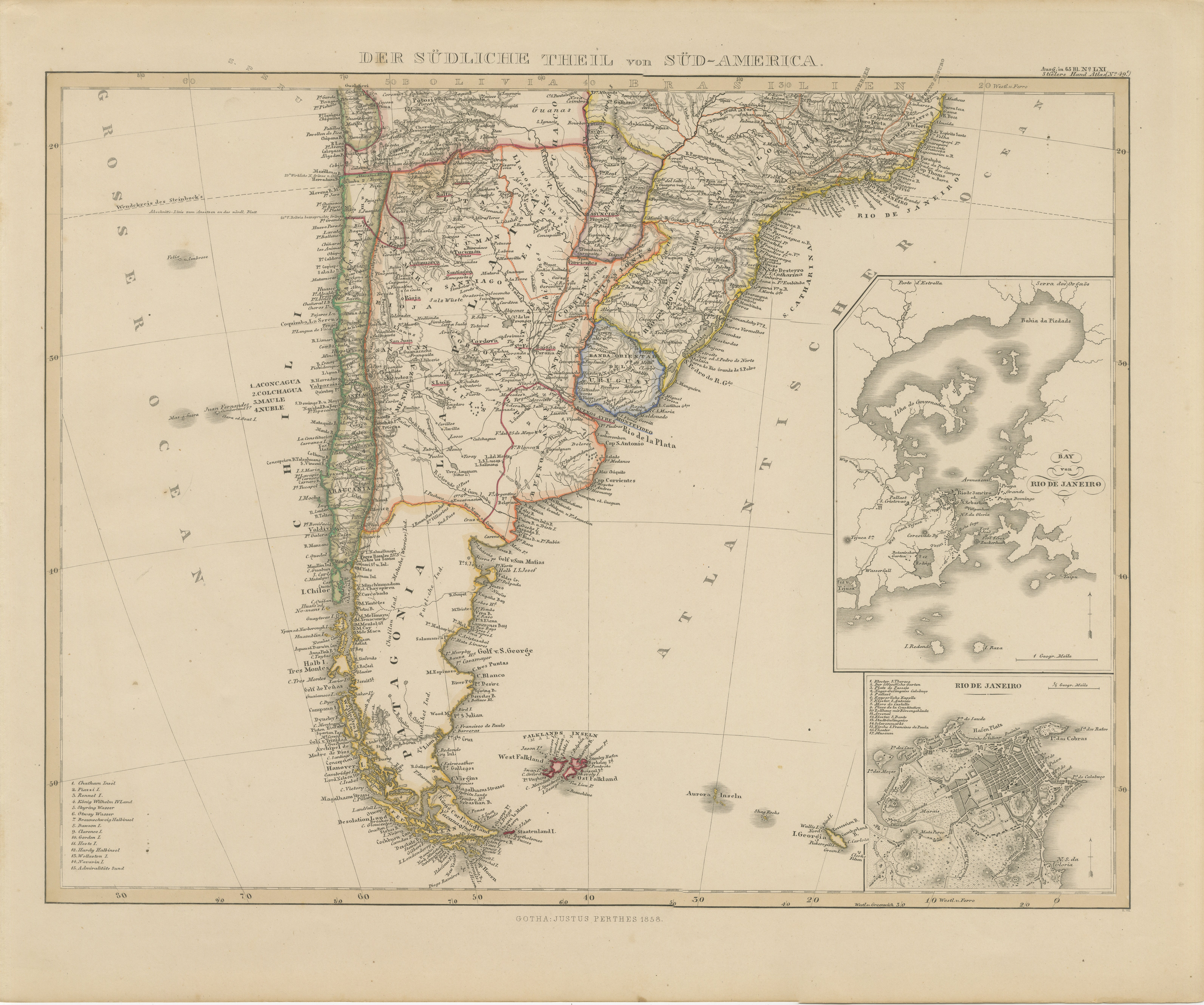 1857 Mapa del Sur de Sudamérica - Argentina, Chile, Río de Janeiro en venta