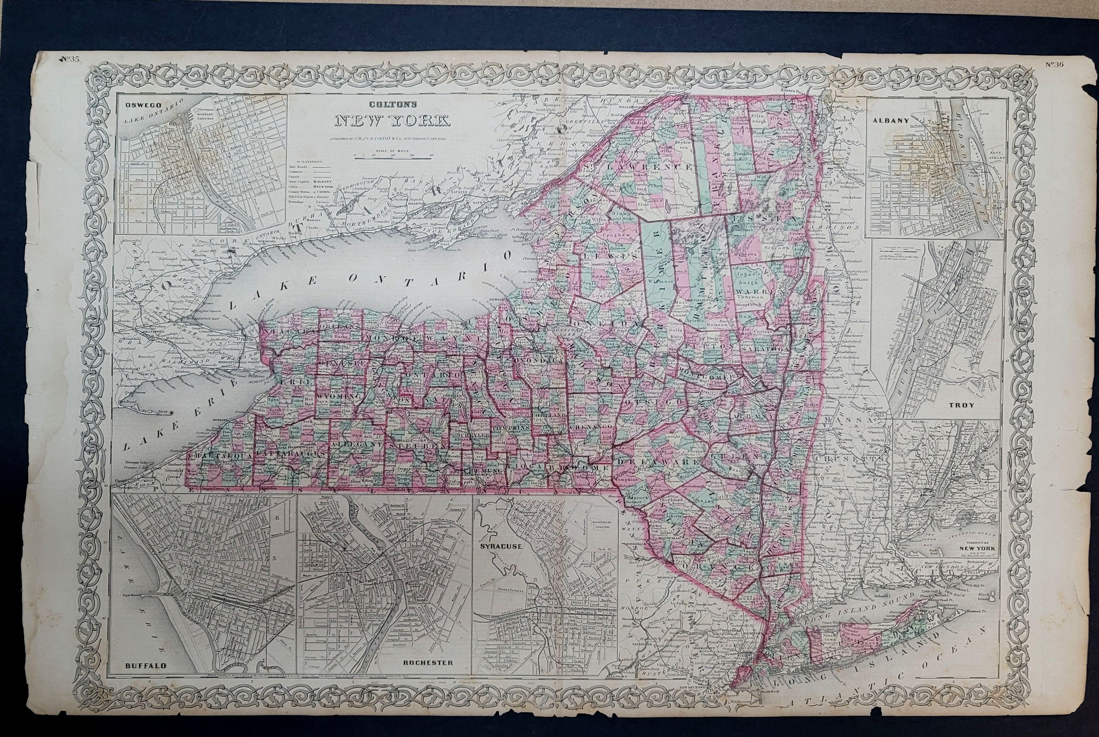 An 1858 Colton's map of New York
Ric.b011

Colton’s New York, 1858 - A large original color engraved and very detailed map of the state of New York, with seven insets: Oswego, Buffalo, Rochester, Syracuse, Albany, Troy and New York City. The main
