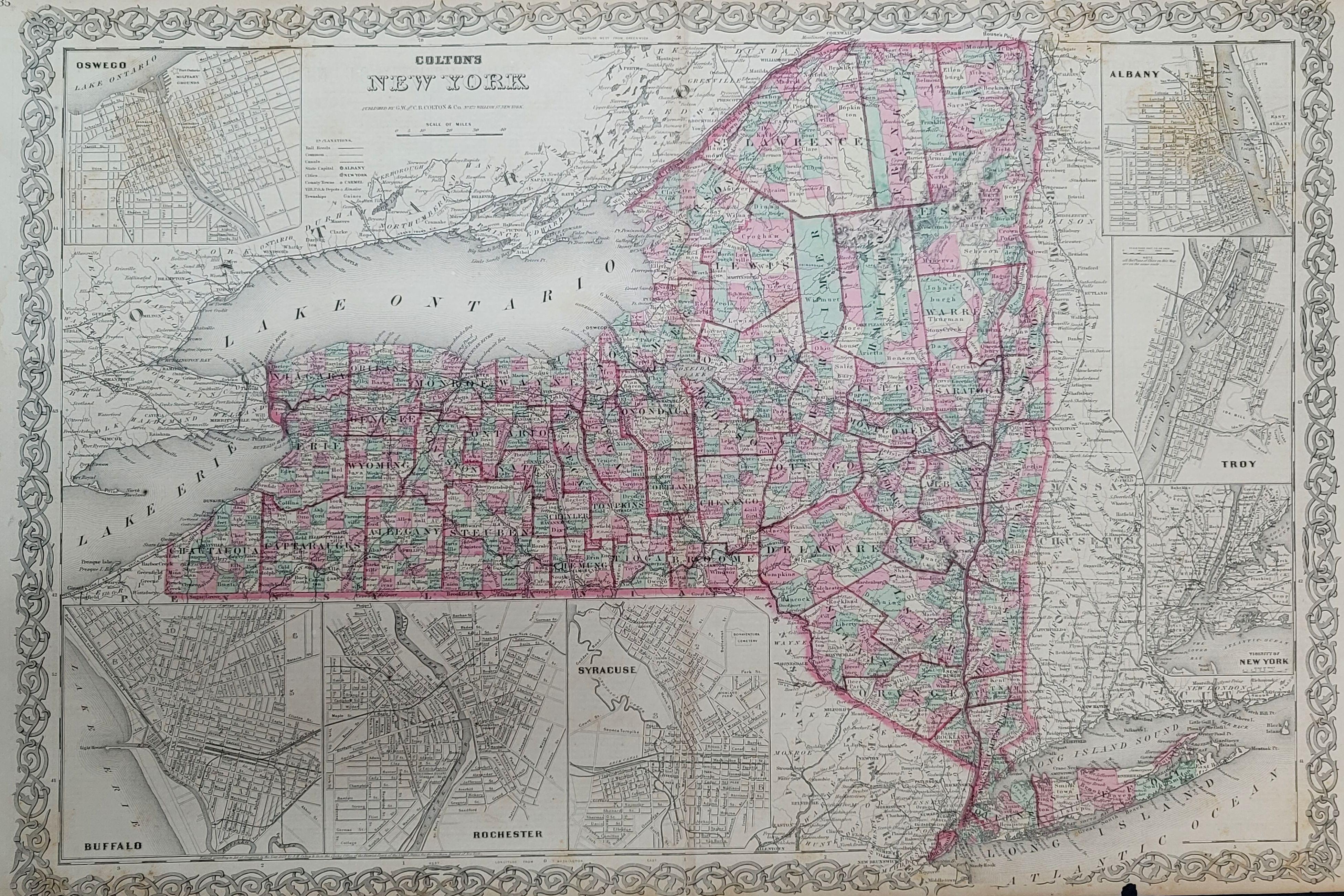 Inconnu Carte de Colton's Map of New York de 1858, Ric.B011 en vente