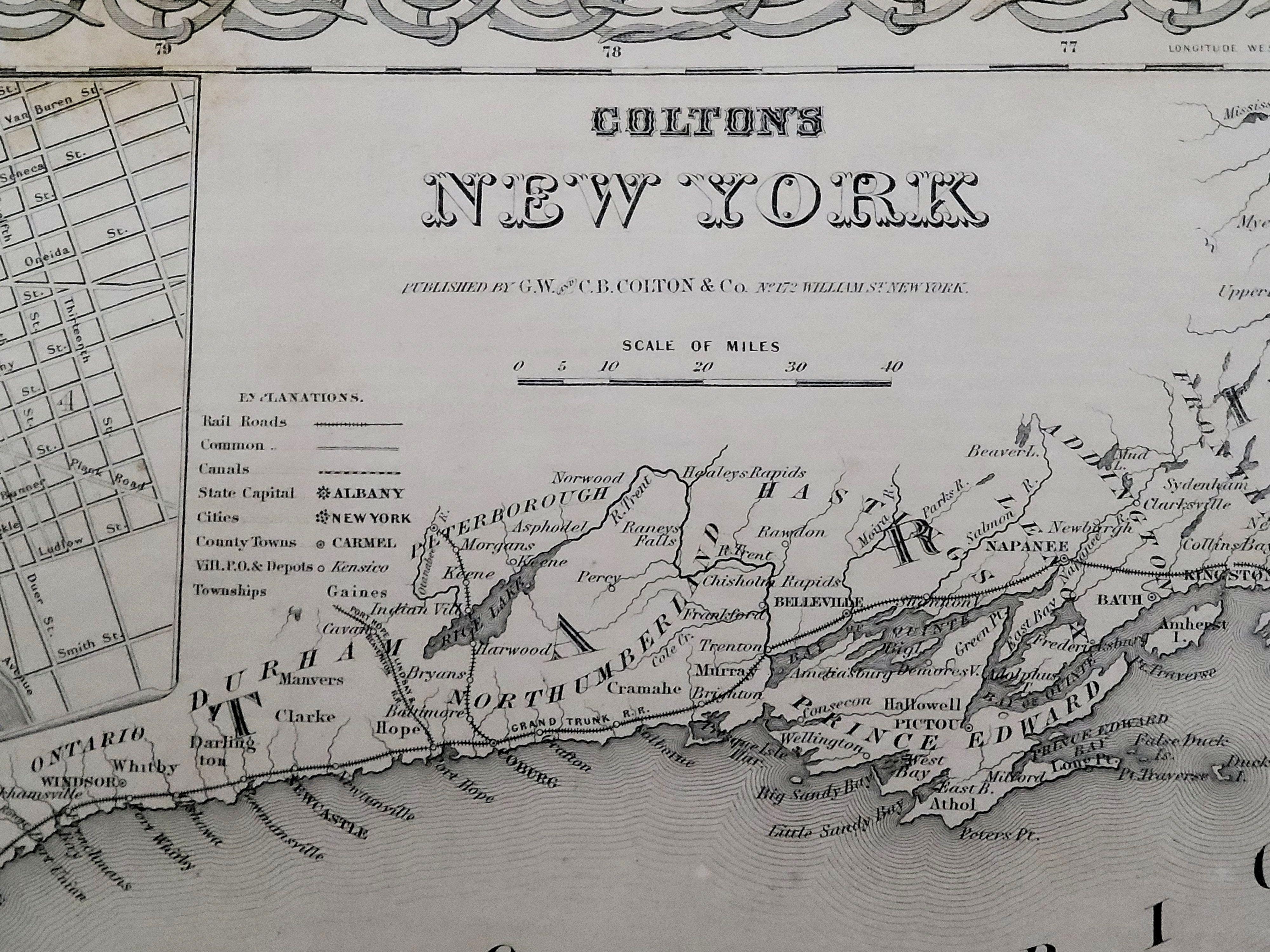 Carte de Colton's Map of New York de 1858, Ric.B011 Bon état - En vente à Norton, MA