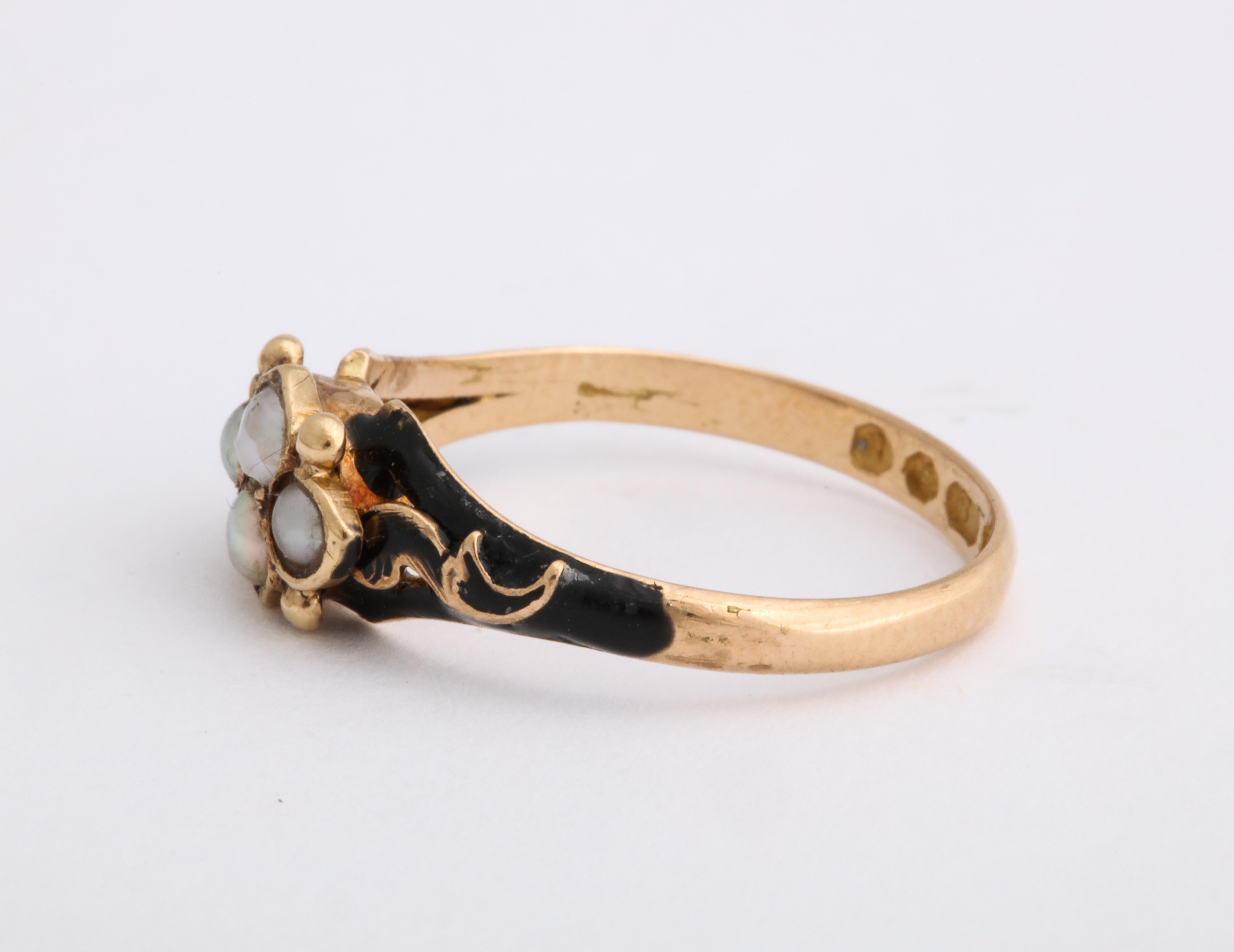 Women's or Men's 1858 Gold Enamel Pearl Daisy Mourning Ring