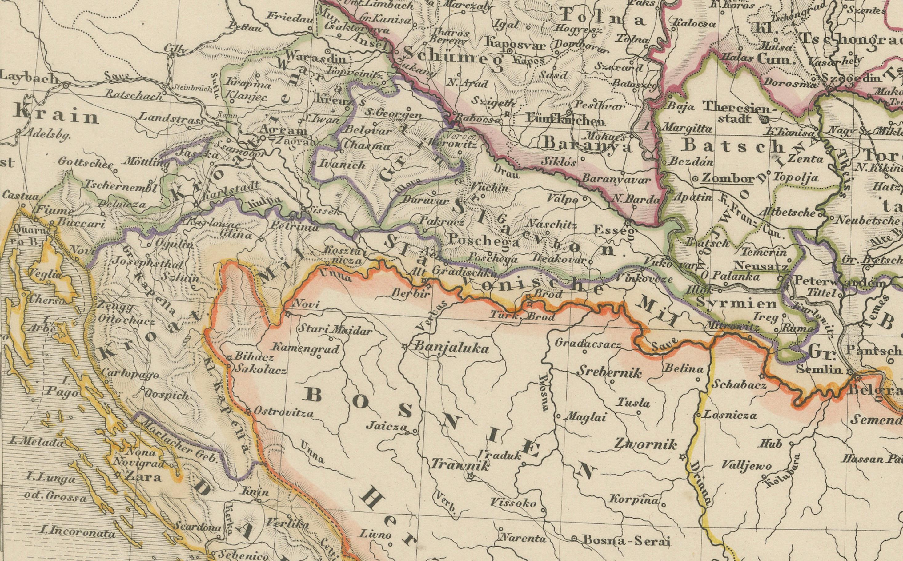 1858 Mapa de Hungría, Galitzia y los Balcanes - Grabado de Justus Perthes Alemán en venta