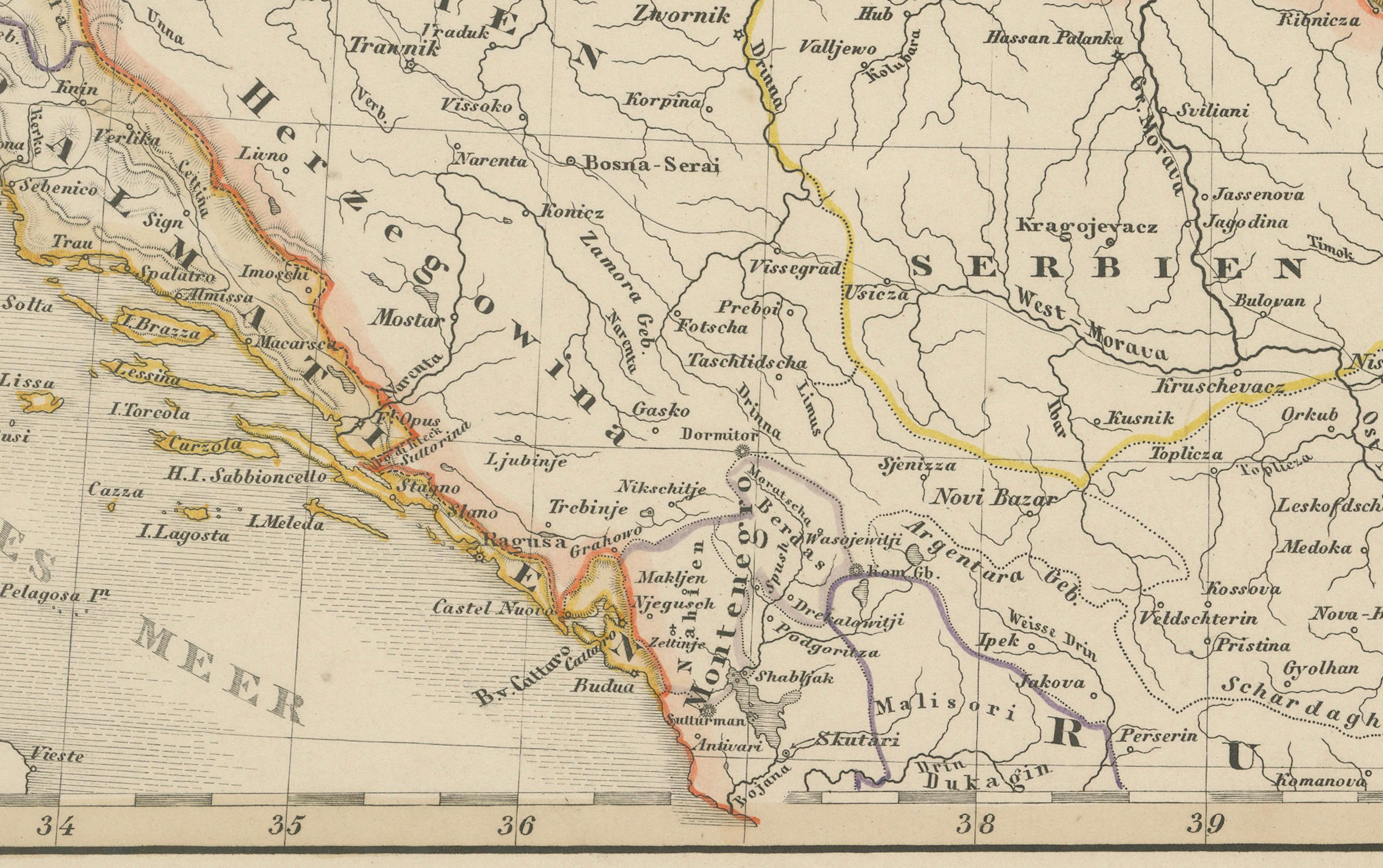 1858 Mapa de Hungría, Galitzia y los Balcanes - Grabado de Justus Perthes en Bueno estado para la venta en Langweer, NL