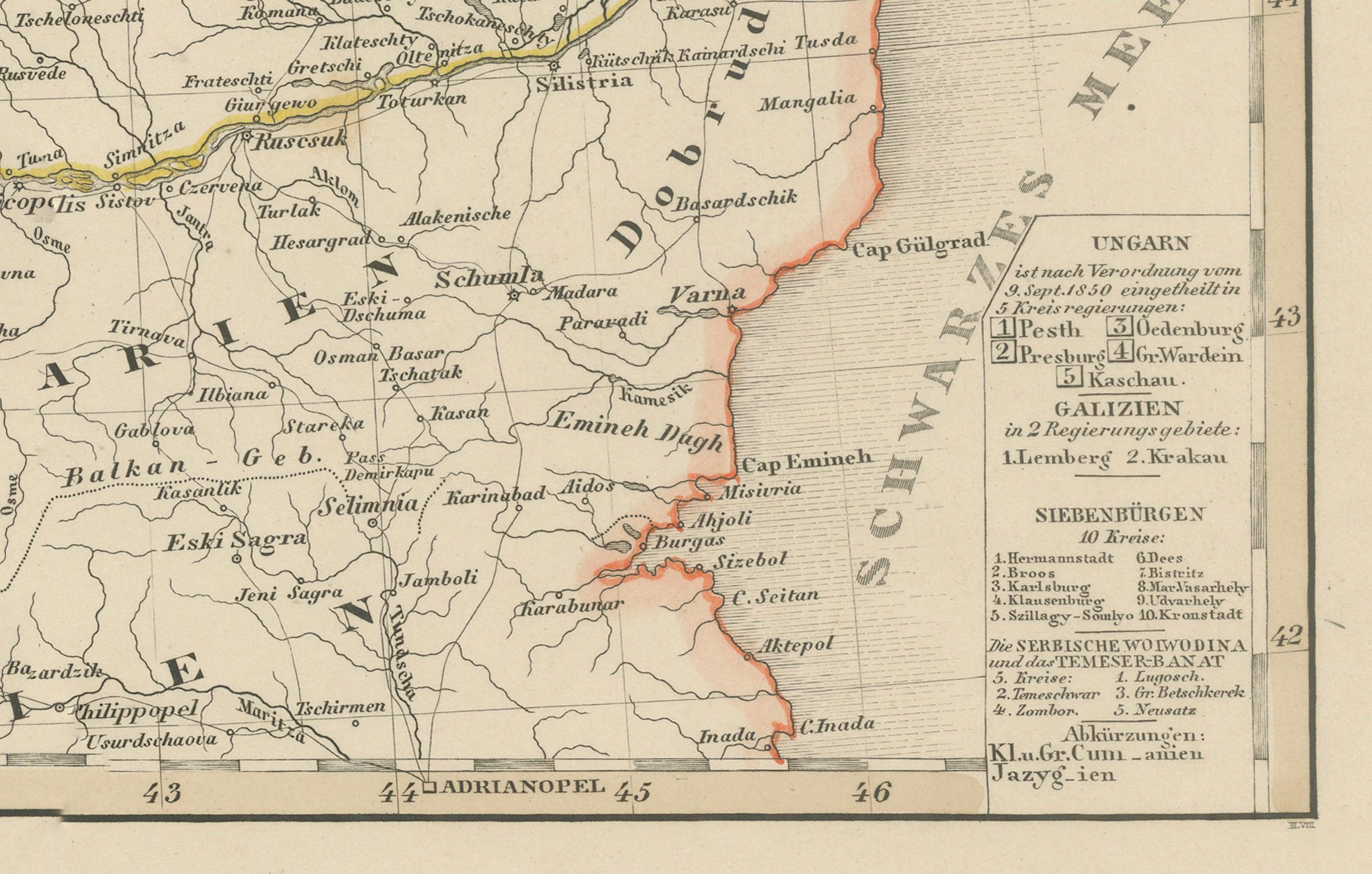1858 Mapa de Hungría, Galitzia y los Balcanes - Grabado de Justus Perthes siglo XIX en venta