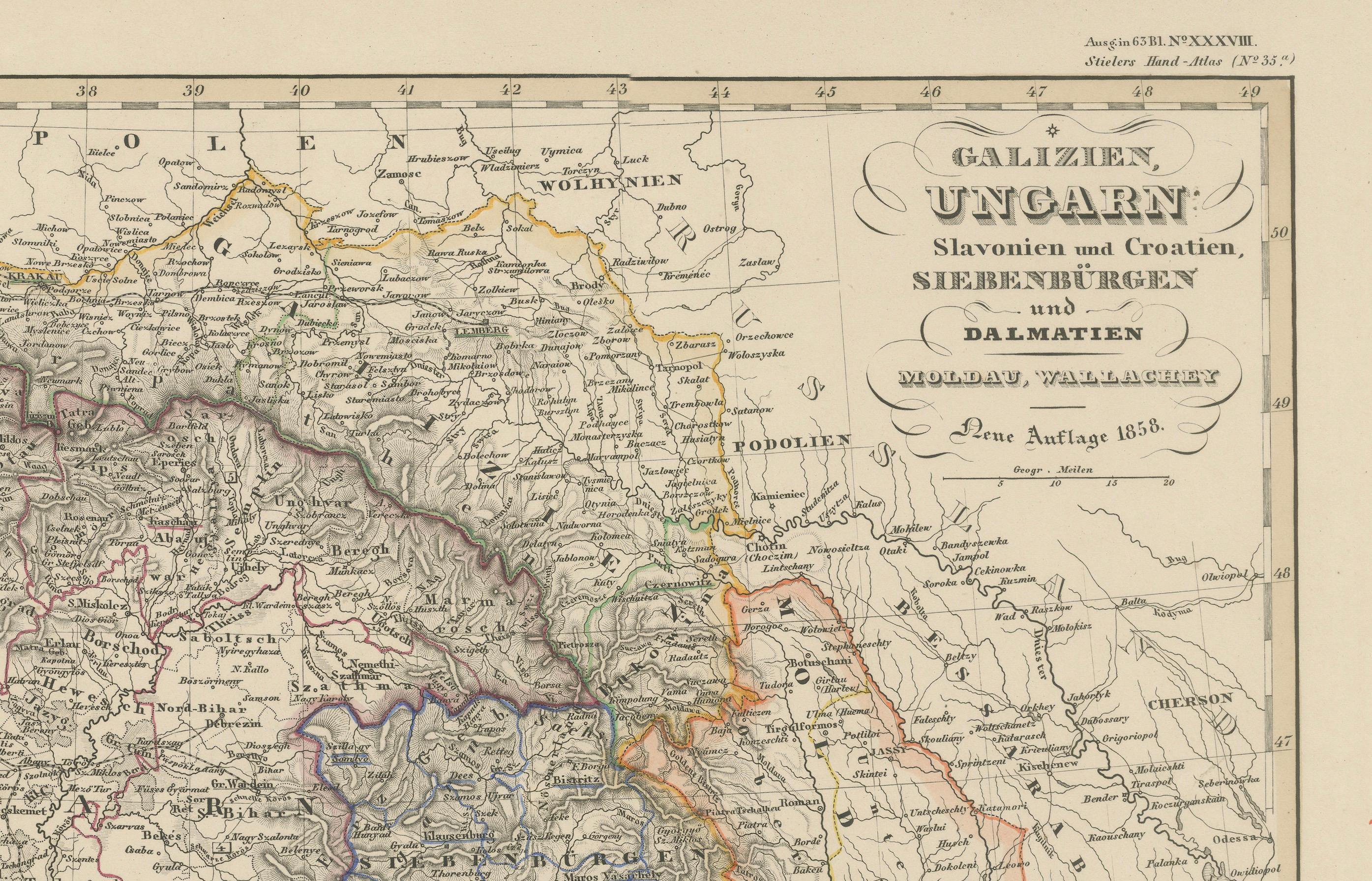 1858 Mapa de Hungría, Galitzia y los Balcanes - Grabado de Justus Perthes Papel en venta
