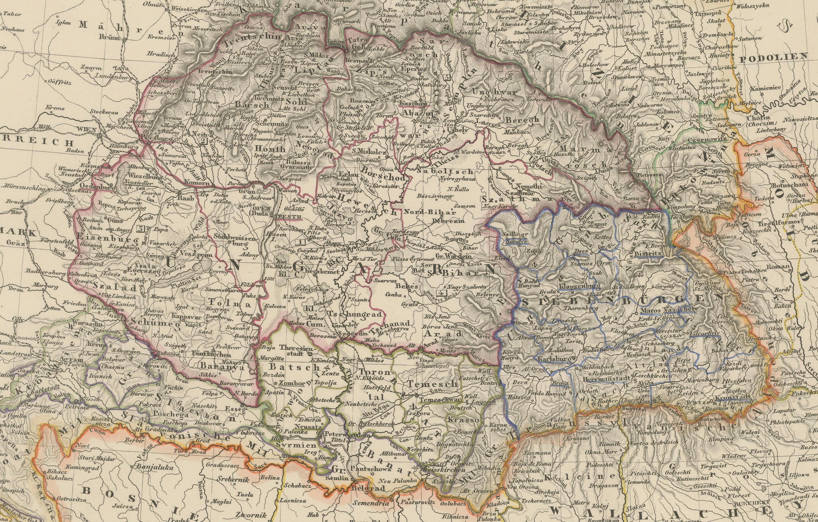1858 Mapa de Hungría, Galitzia y los Balcanes - Grabado de Justus Perthes en venta 1