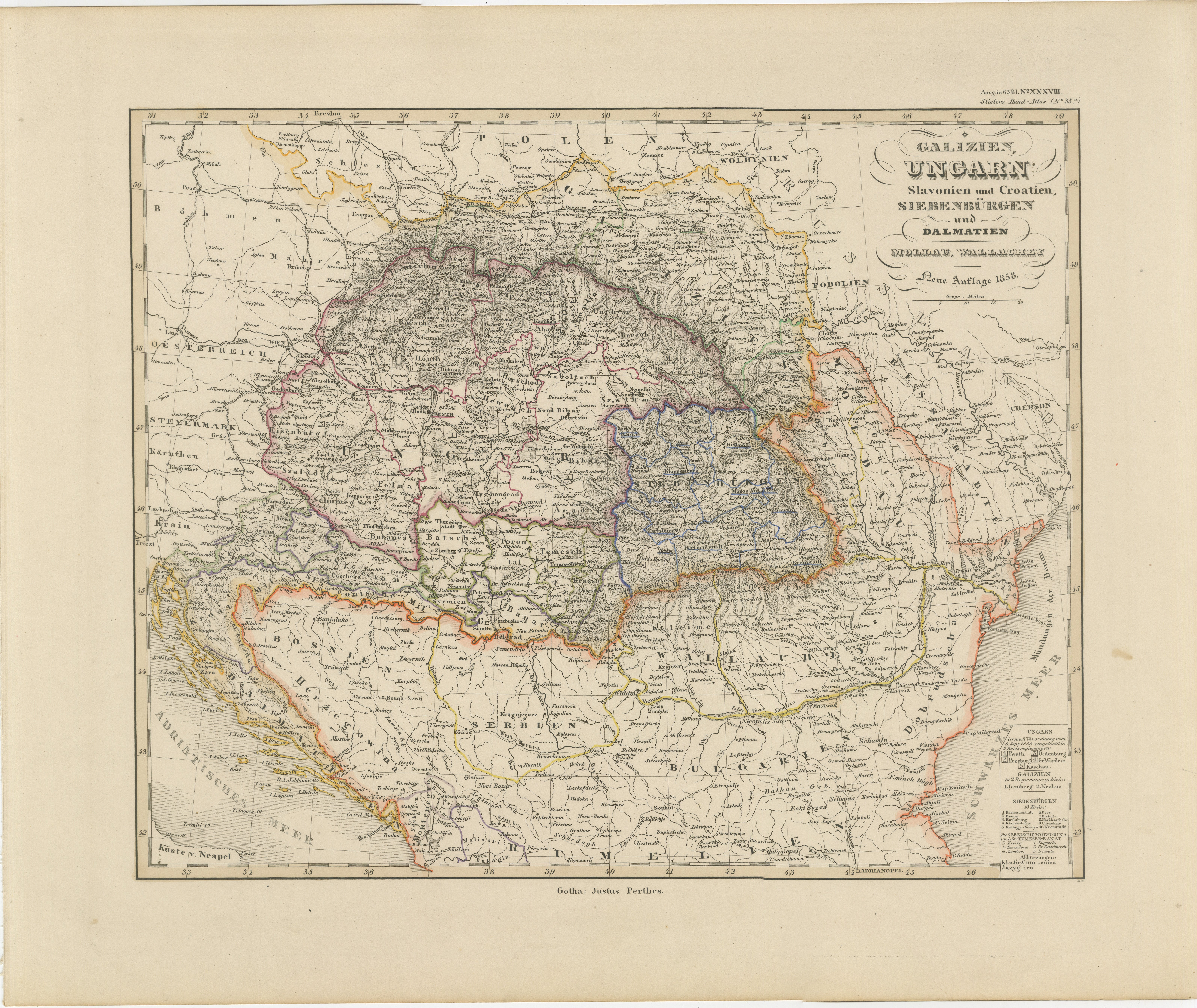 1858 Mapa de Hungría, Galitzia y los Balcanes - Grabado de Justus Perthes en venta