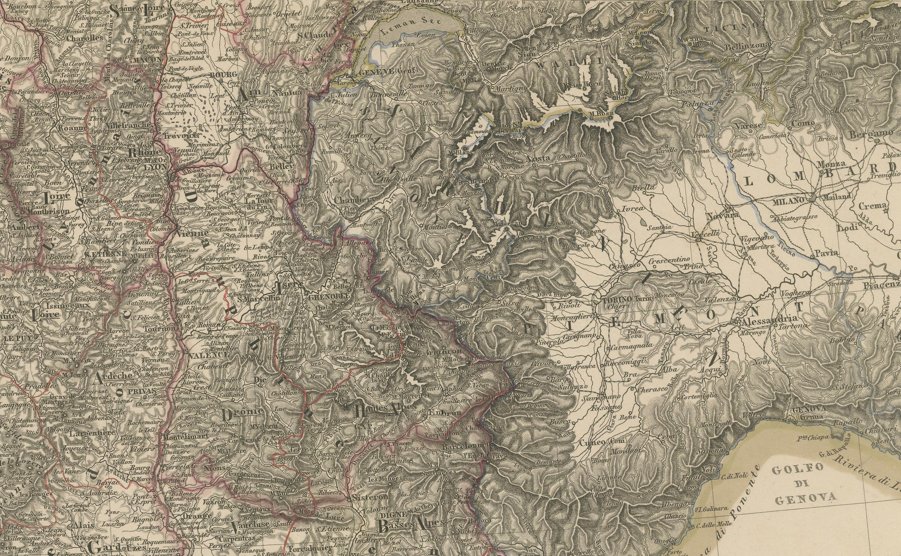 Mapa de 1858 del sur de Francia con Córcega - Marsella a la frontera italiana Alemán en venta