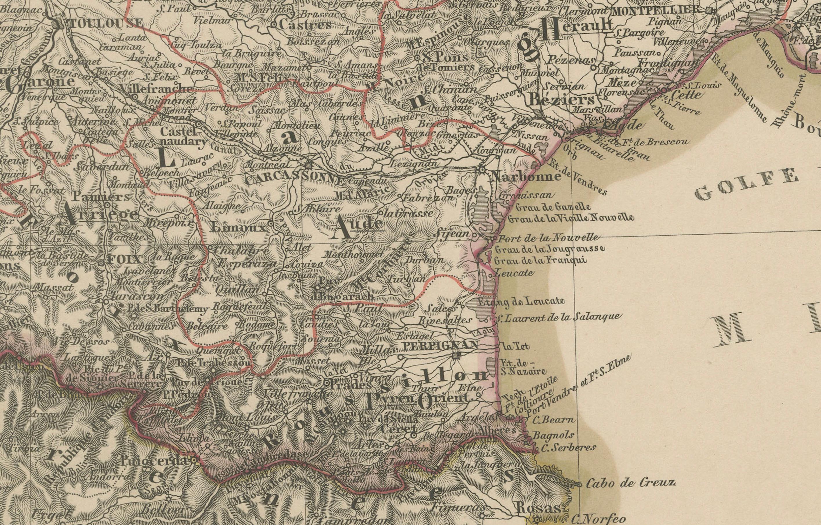 Mapa de 1858 del sur de Francia con Córcega - Marsella a la frontera italiana siglo XIX en venta