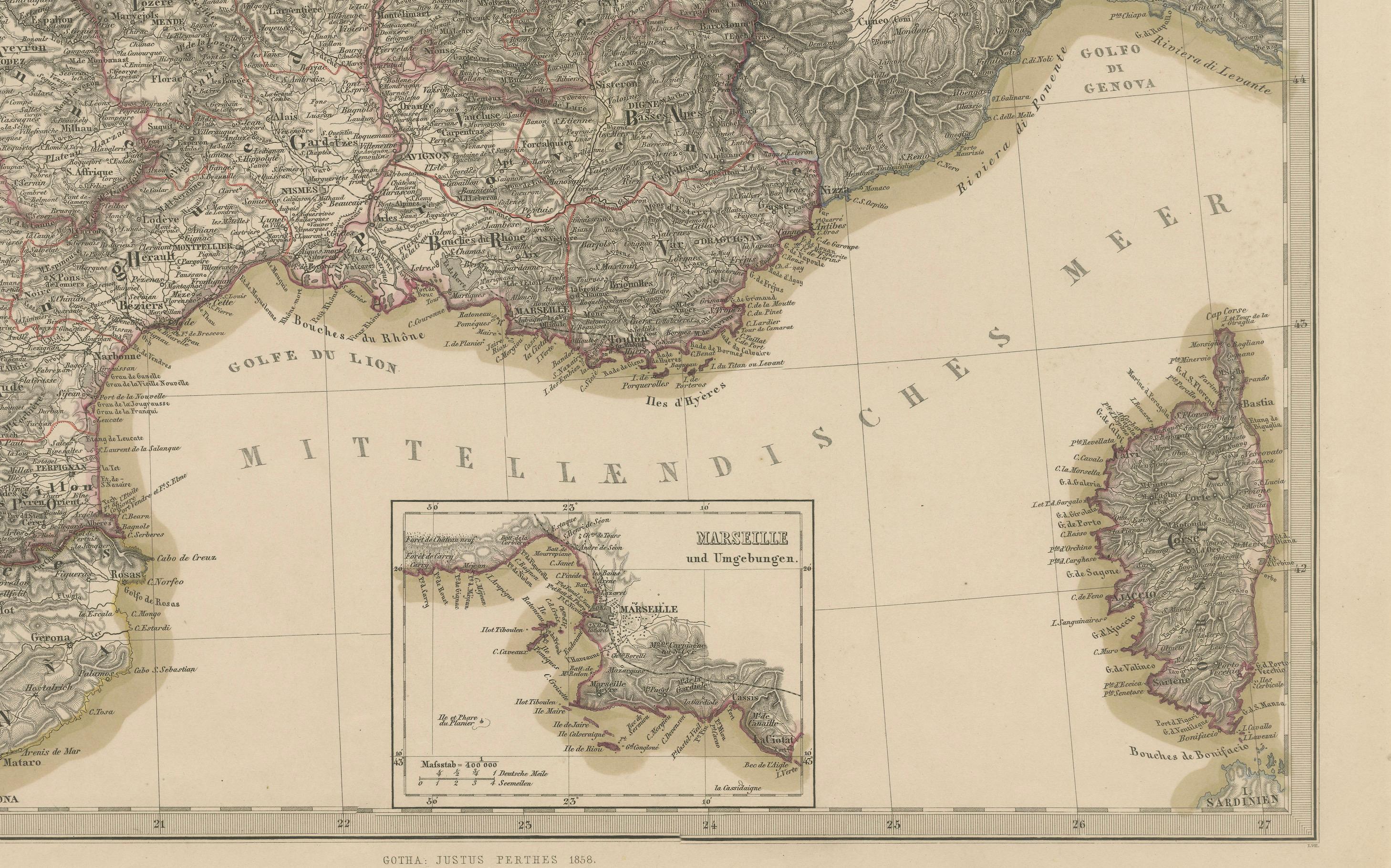 Mapa de 1858 del sur de Francia con Córcega - Marsella a la frontera italiana Papel en venta