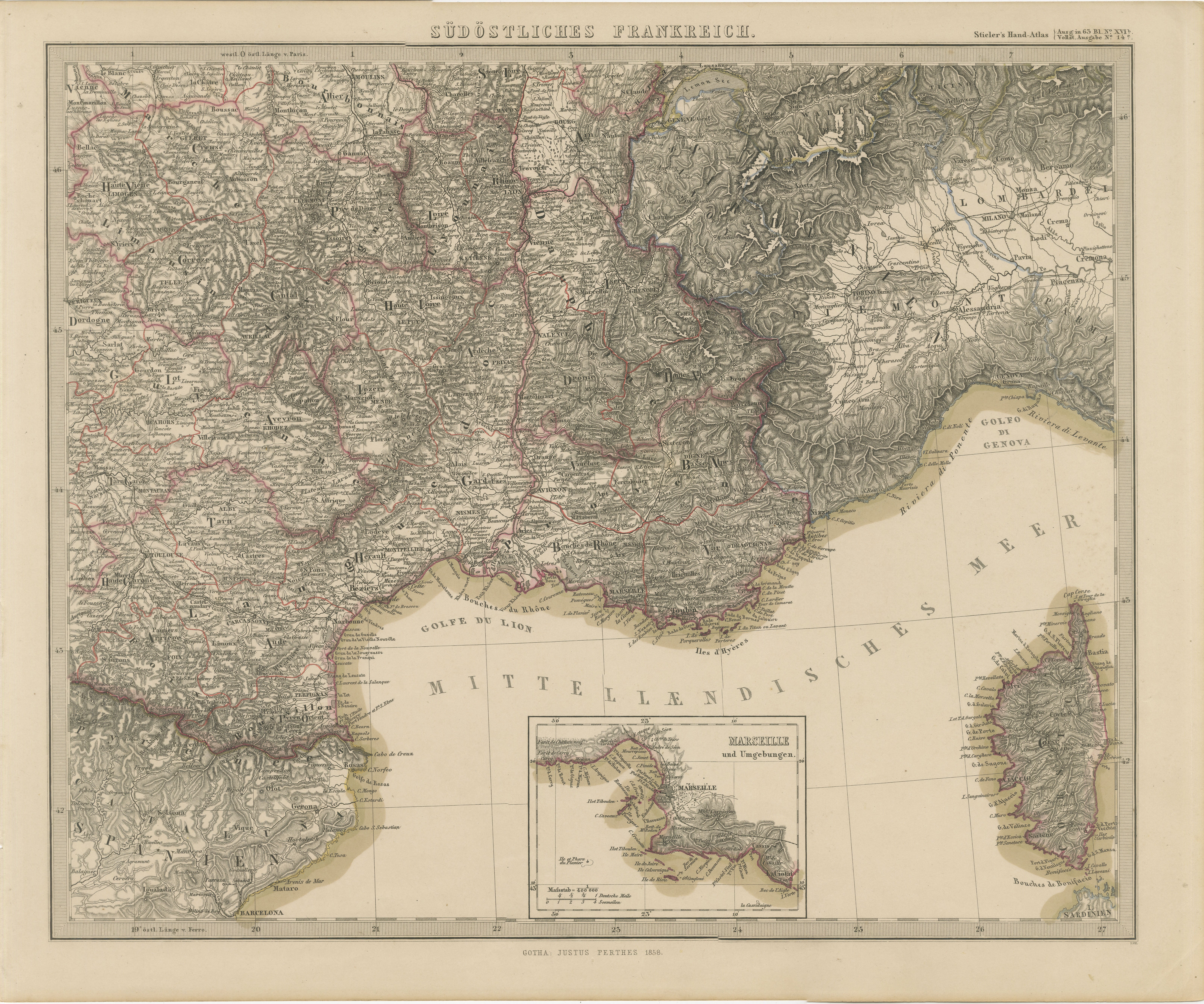 Mapa de 1858 del sur de Francia con Córcega - Marsella a la frontera italiana en venta