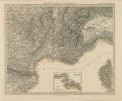 Mapa de 1858 del sur de Francia con Córcega - Marsella a la frontera italiana