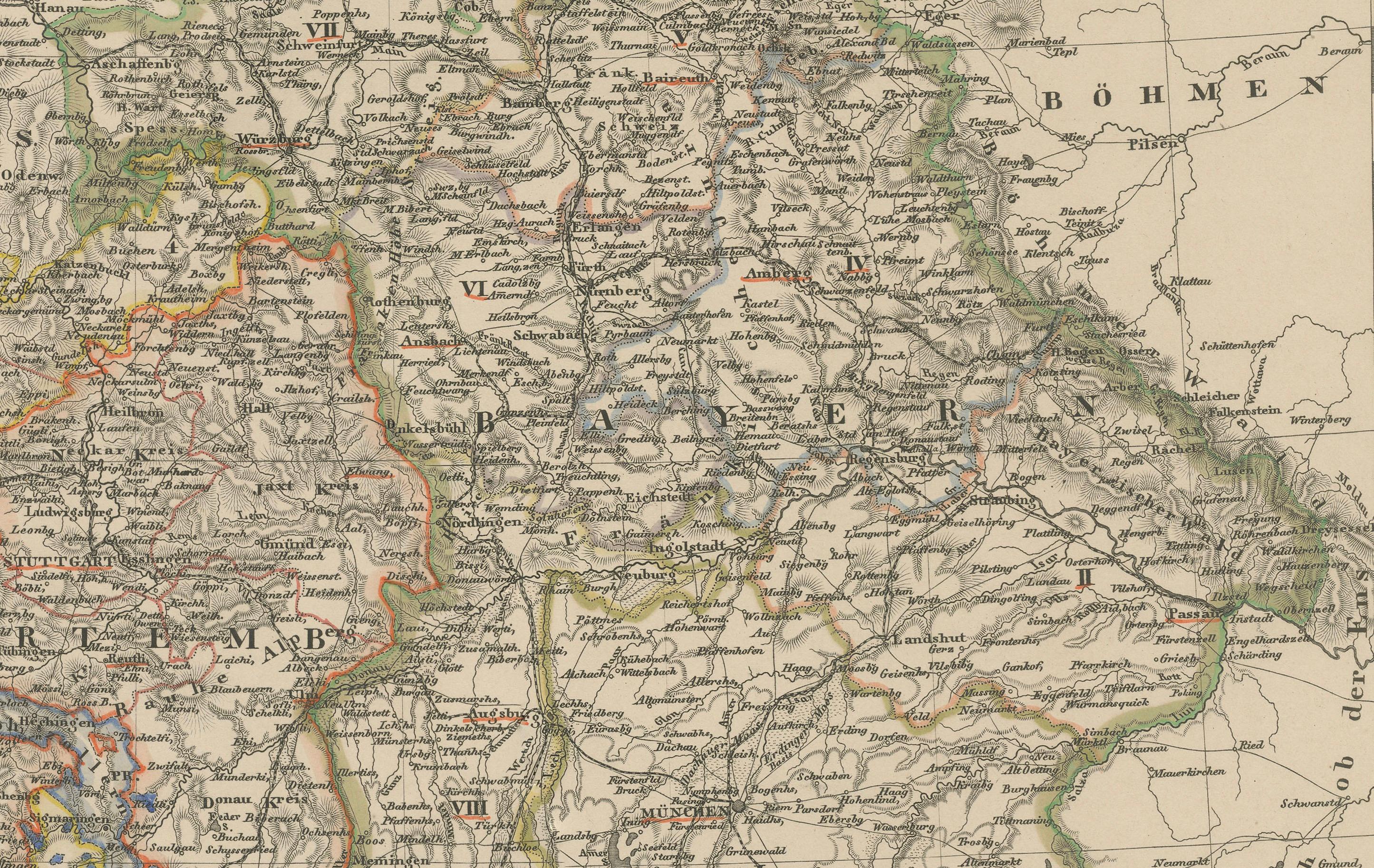 1858 Mapa del suroeste de Alemania y Suiza - Baviera, Wurtemberg, Baden Alemán en venta