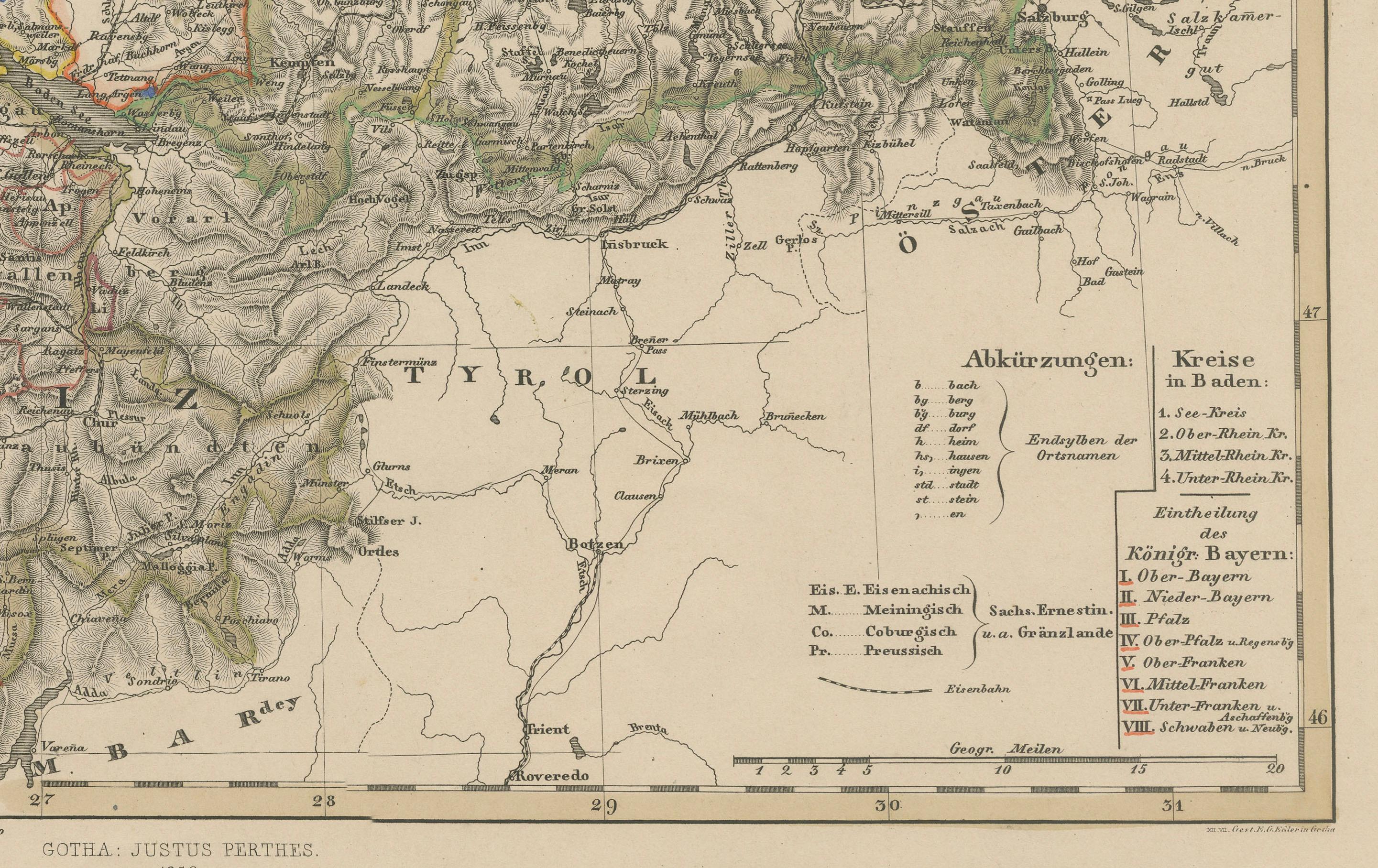 1858 Mapa del suroeste de Alemania y Suiza - Baviera, Wurtemberg, Baden Grabado en venta