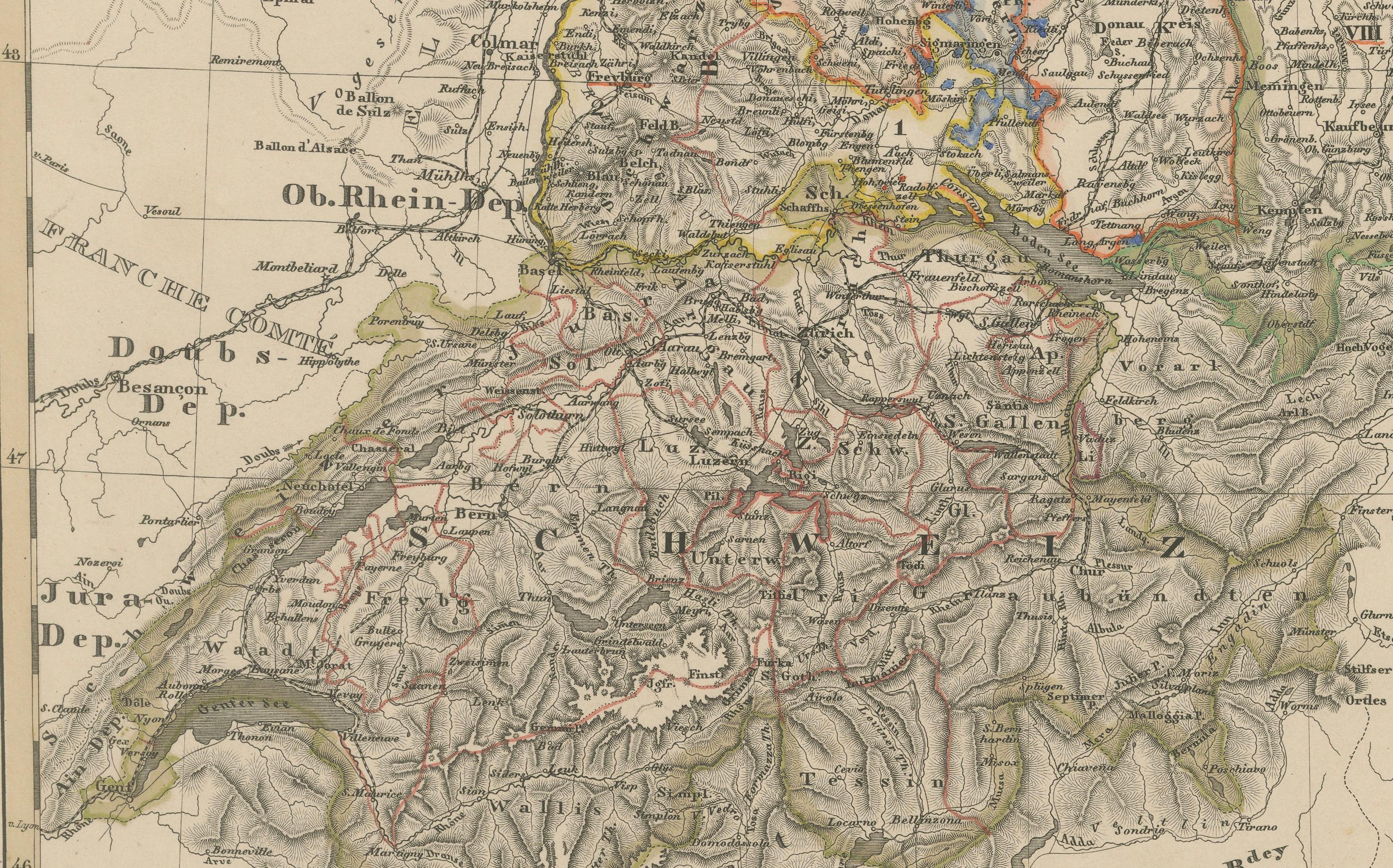 1858 Mapa del suroeste de Alemania y Suiza - Baviera, Wurtemberg, Baden en Bueno estado para la venta en Langweer, NL