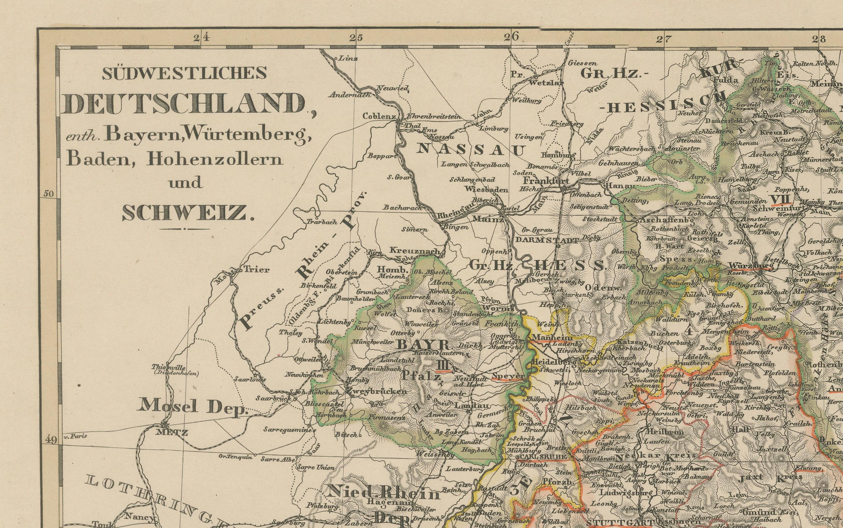 1858 Mapa del suroeste de Alemania y Suiza - Baviera, Wurtemberg, Baden siglo XIX en venta