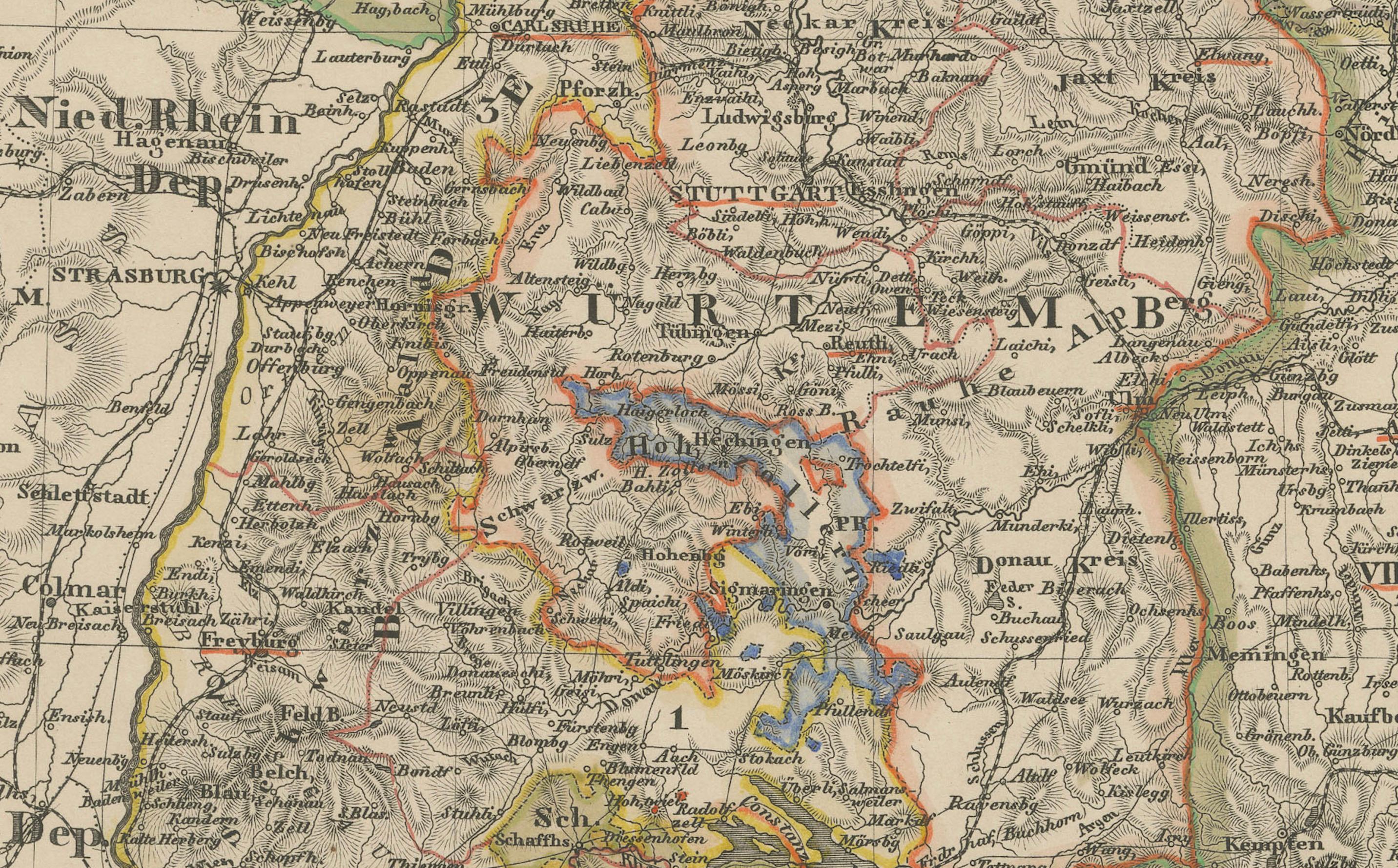 1858 Mapa del suroeste de Alemania y Suiza - Baviera, Wurtemberg, Baden Papel en venta