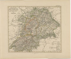 1858 Mapa del suroeste de Alemania y Suiza - Baviera, Wurtemberg, Baden