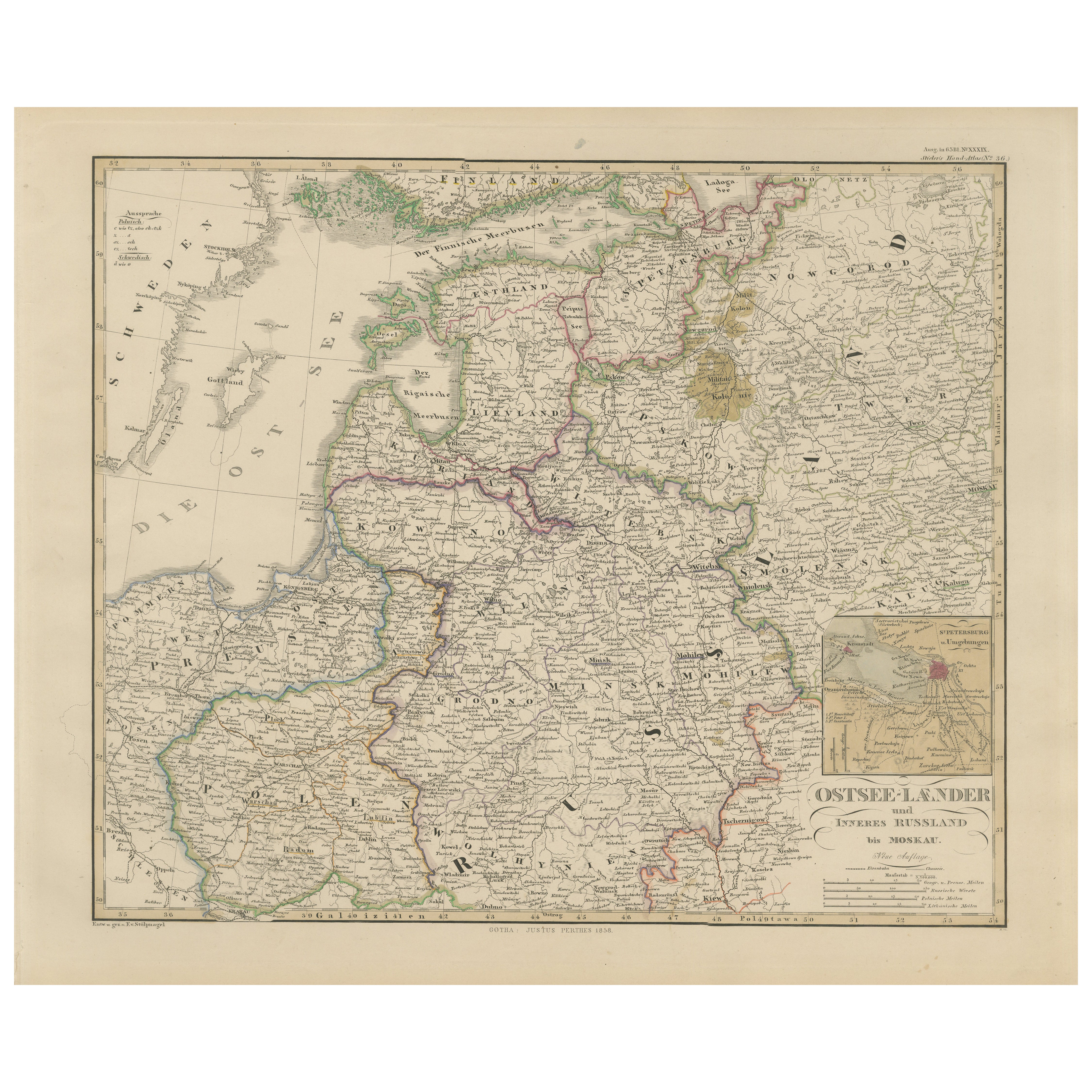 1858 Karte der baltischen Staaten und des inneren Russlands bis Moskau - Justus Perthes