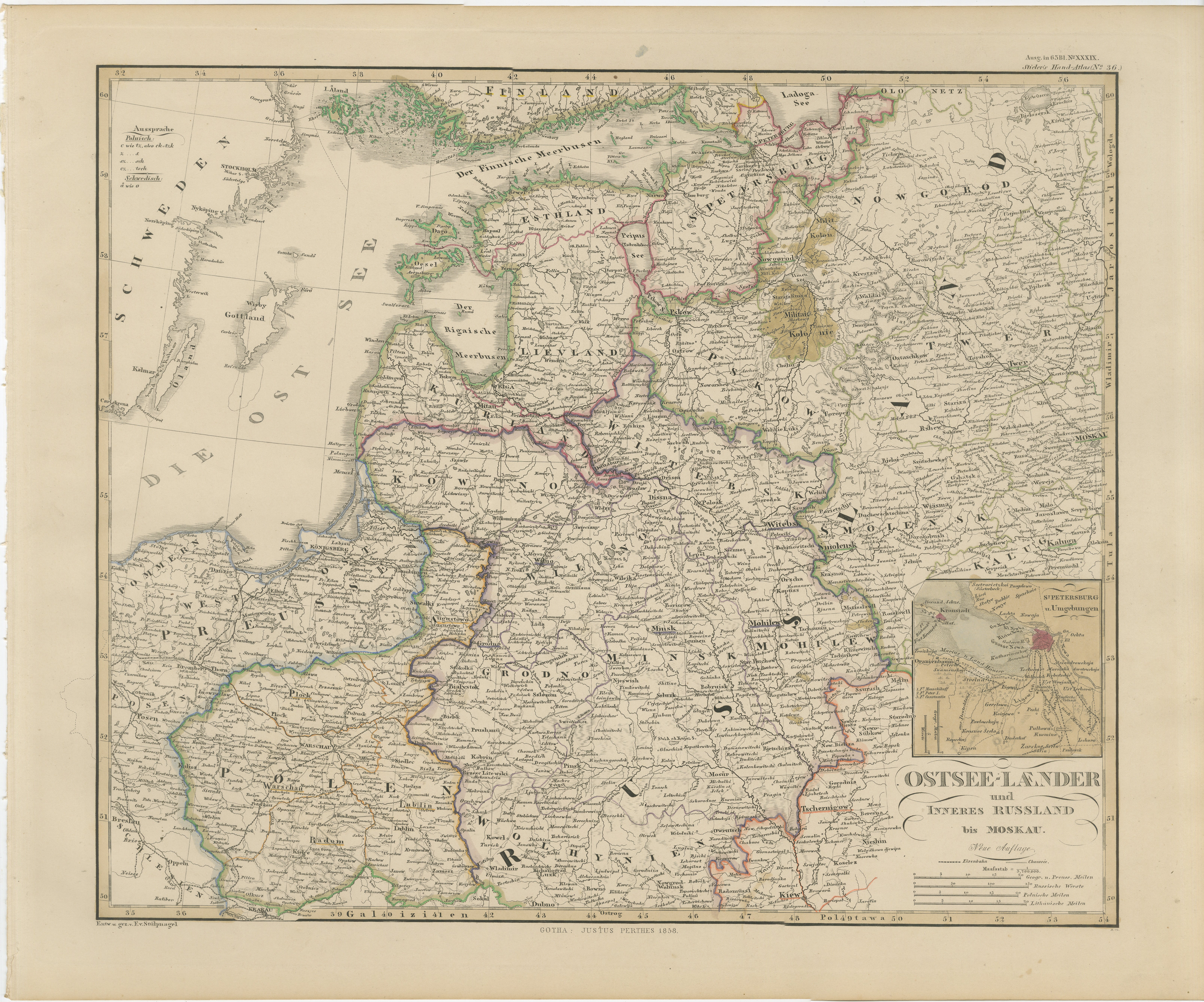 Mappa del 1858 degli Stati baltici e della Russia interna fino a Mosca - Justus Perthes