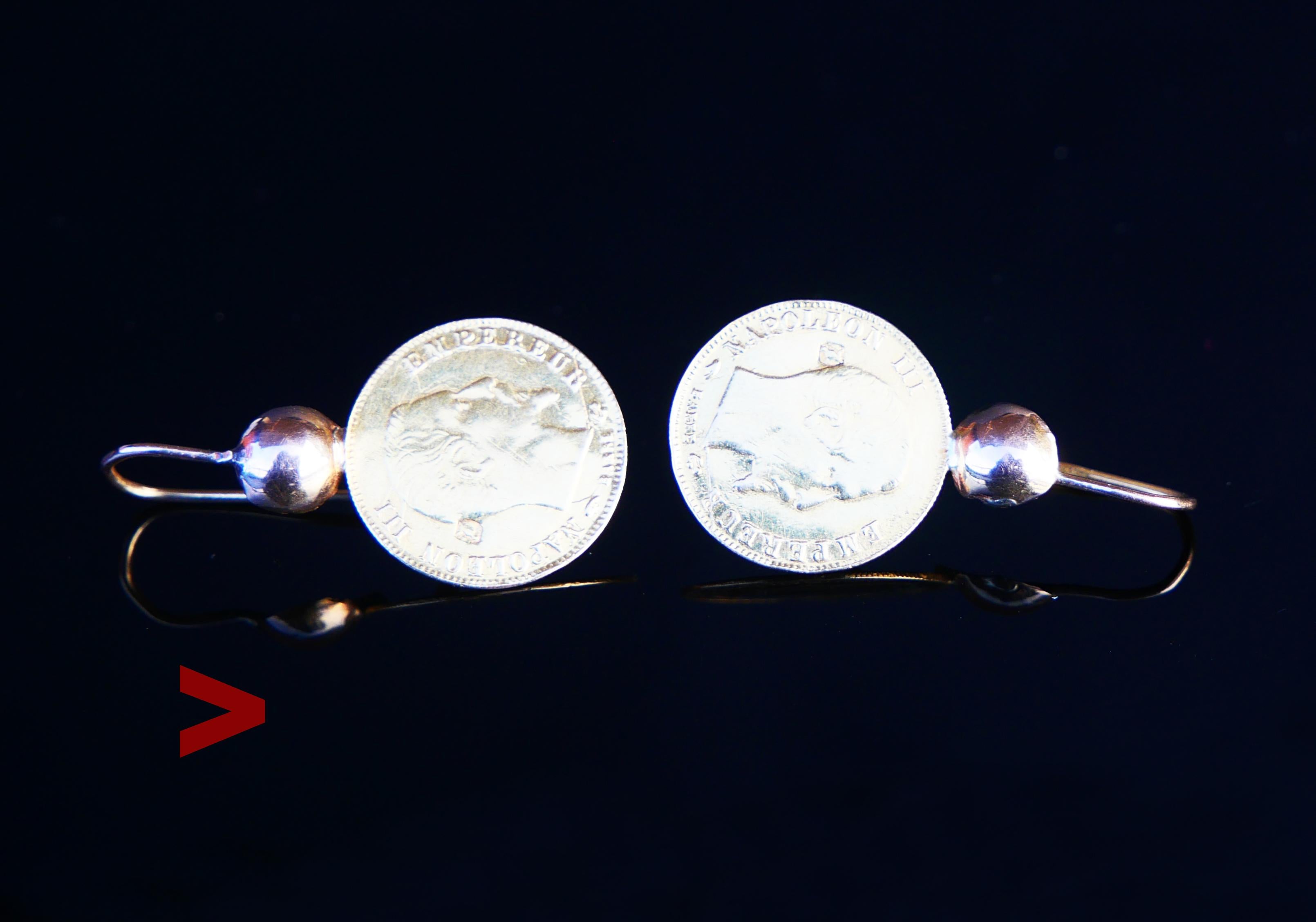 Antique Gold coins dangle earrings. This pair dates to circa XIX - early XX cent.
The hooks in 18K Reddish Gold + a pair of matching XIX cent French 5 francs solid 900 /about 22K Gold coins.
Such coins were minted between 1850-1860. Each coin is