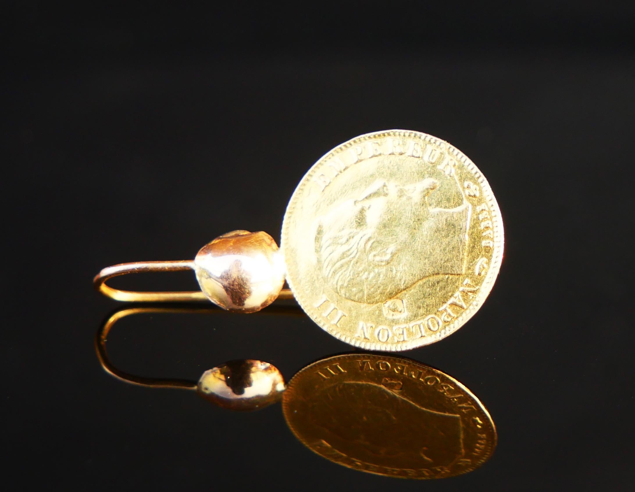 Arts and Crafts 1859 Antique French 10 Francs 22K / 18K Gold Dangle Earrings / 4gr For Sale