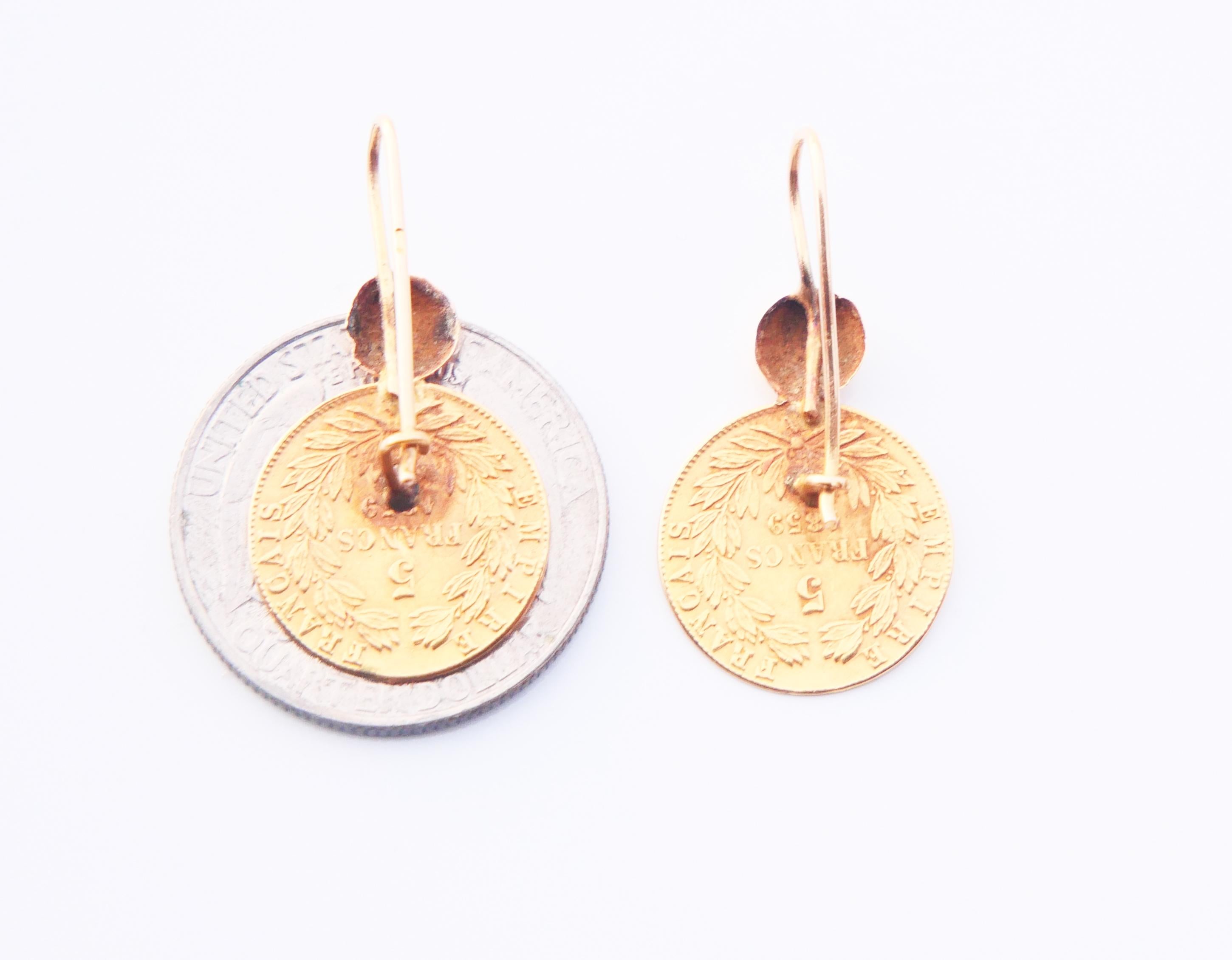 1859 Antique French 10 Francs 22K / 18K Gold Dangle Earrings / 4gr For Sale 2