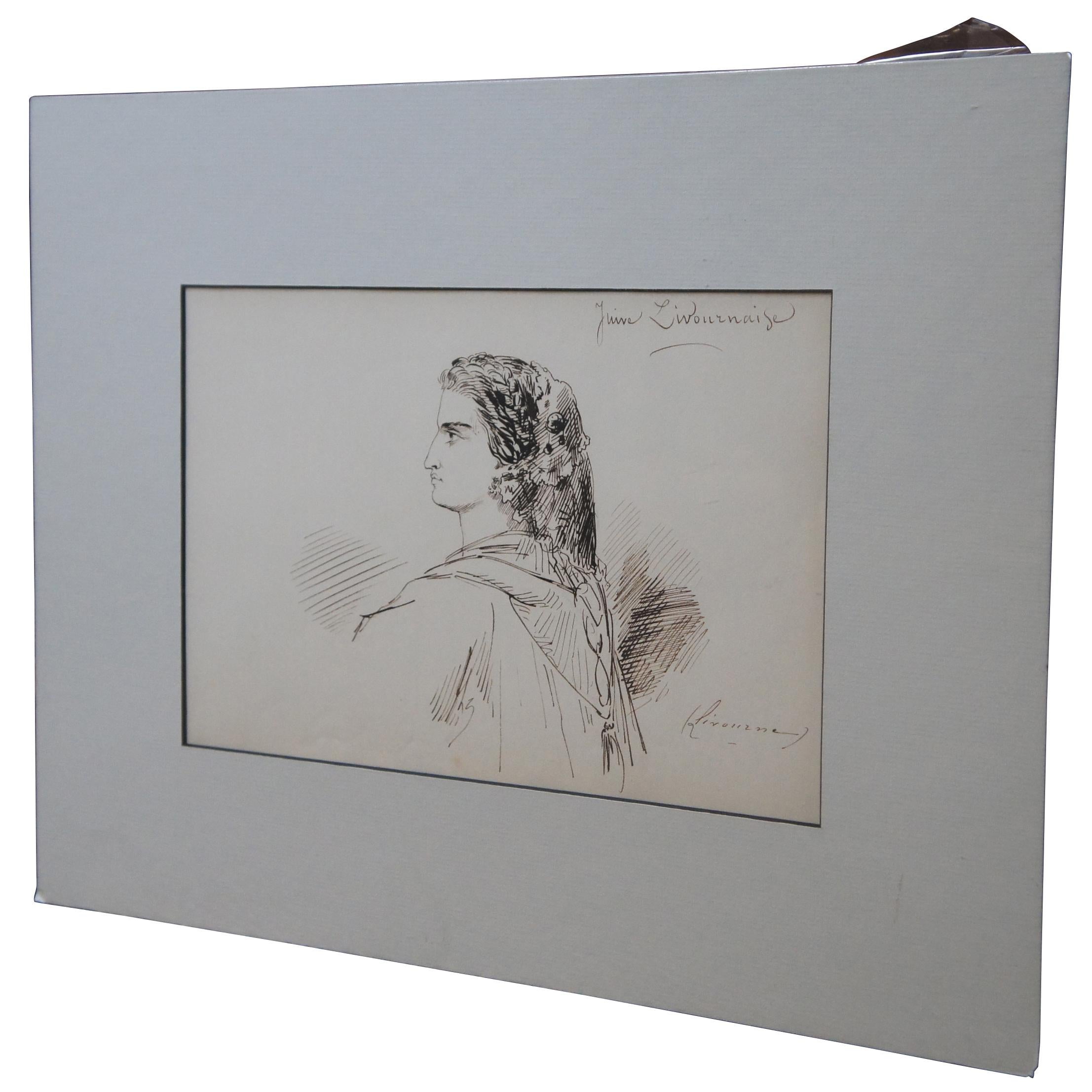 Antike Tuschezeichnung von Emile Dupont (französischer Maler, 1822-1885) aus dem 19. Jahrhundert, die das Profil einer Frau mit kräftiger aquiliner Nase zeigt, die einen Spitzenschleier im Haar und einen Schal um die Schultern trägt.

Maße: Ohne