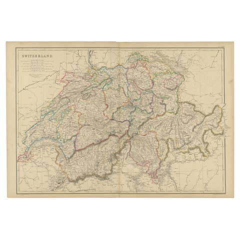 Antique Map of Switzerland, Cantons & Alps, Hand Colored, Blackie, circa 1859