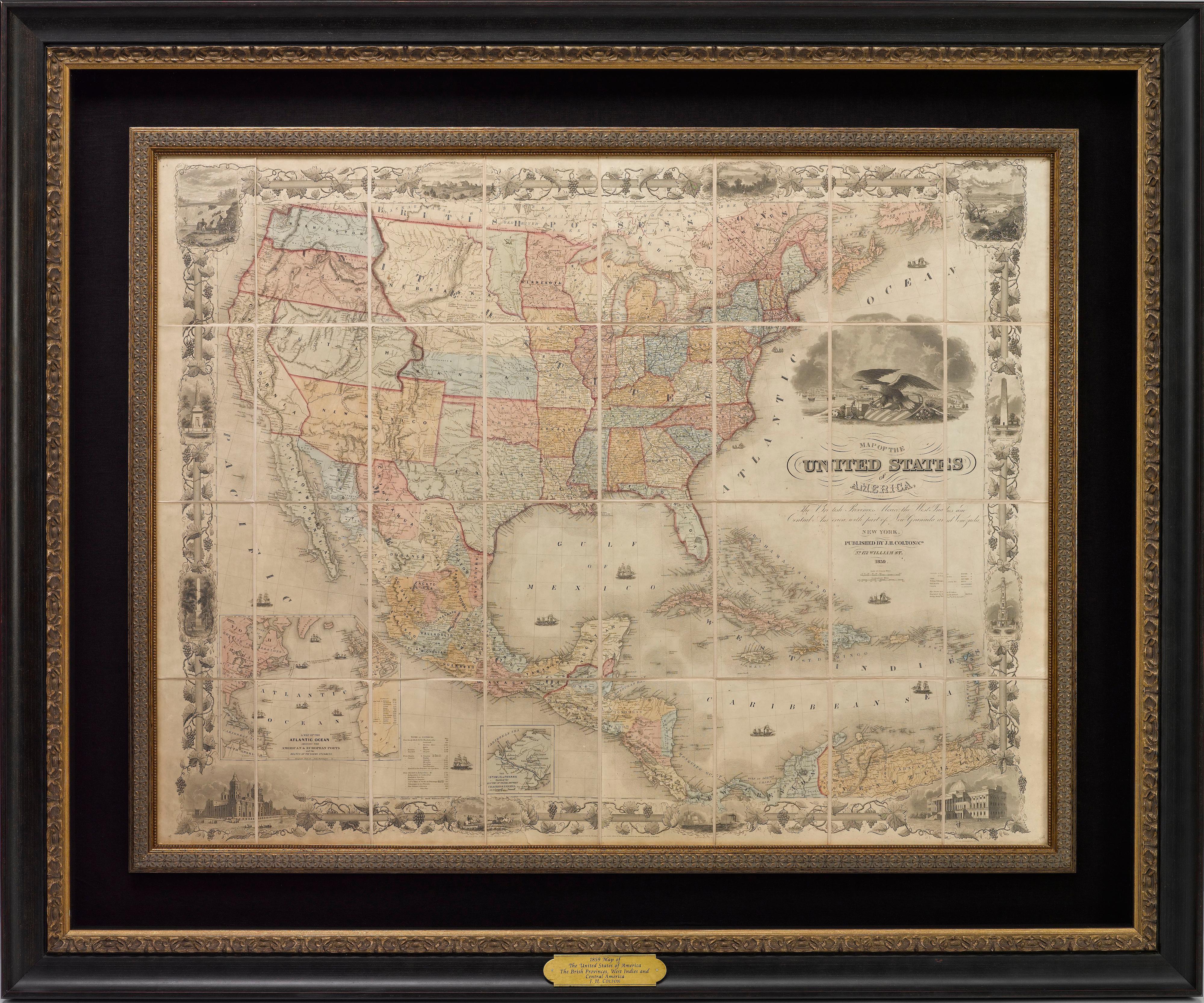 Presented is an 1859 “Map of the United States of America, the British Provinces, Mexico, the West Indies and Central America with Part of New Granada and Venezuela” by John Hutchinson Colton. First published in 1848, this map was updated in 1859