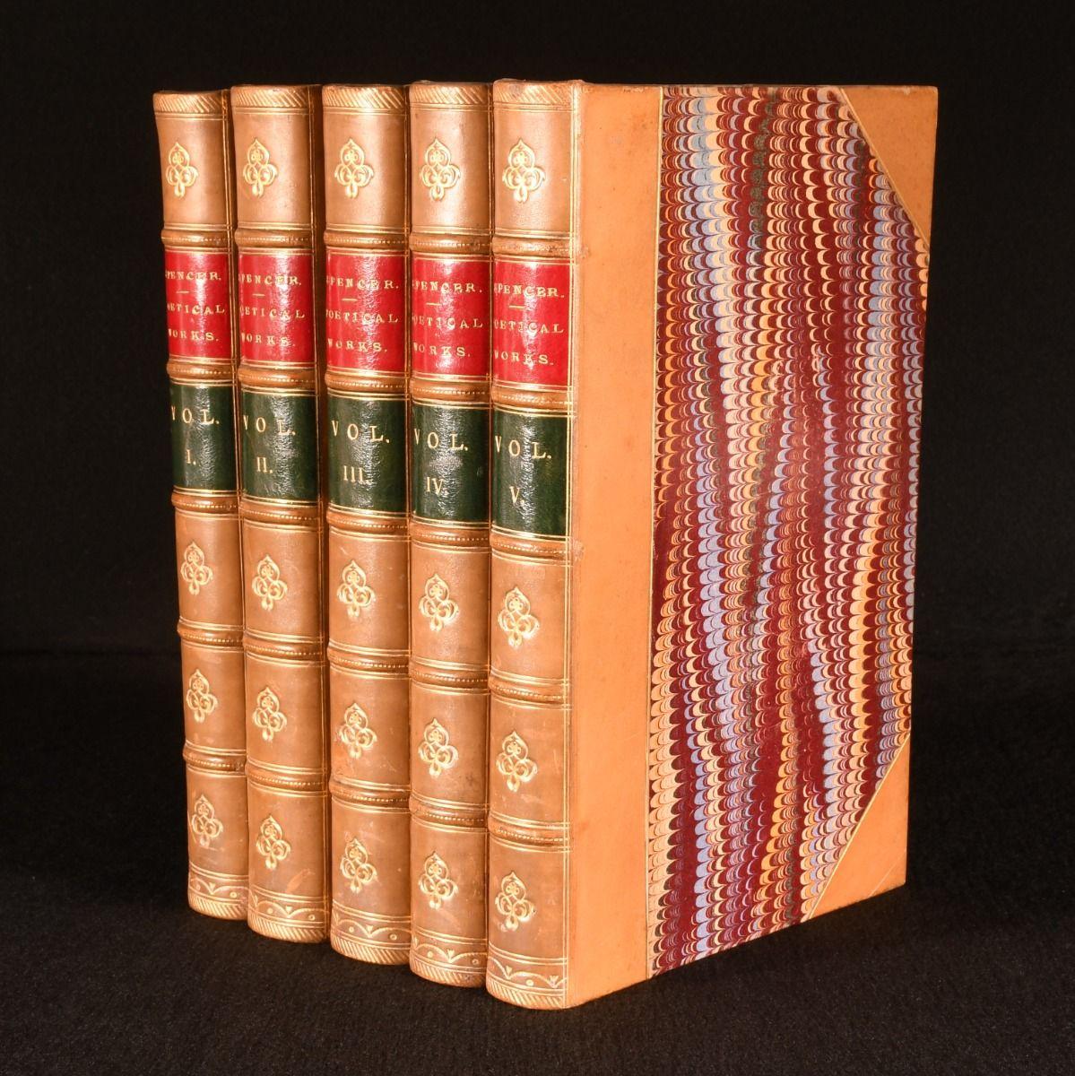 A complete five volume set of the poetical works of Edmund Spenser, in attractive half calf bindings by C. Cross, binder to Queen Victoria.

Complete in five volumes.

In half calf bindings, with the binder's stamp 'C. Cross, Binder to the Queen' to