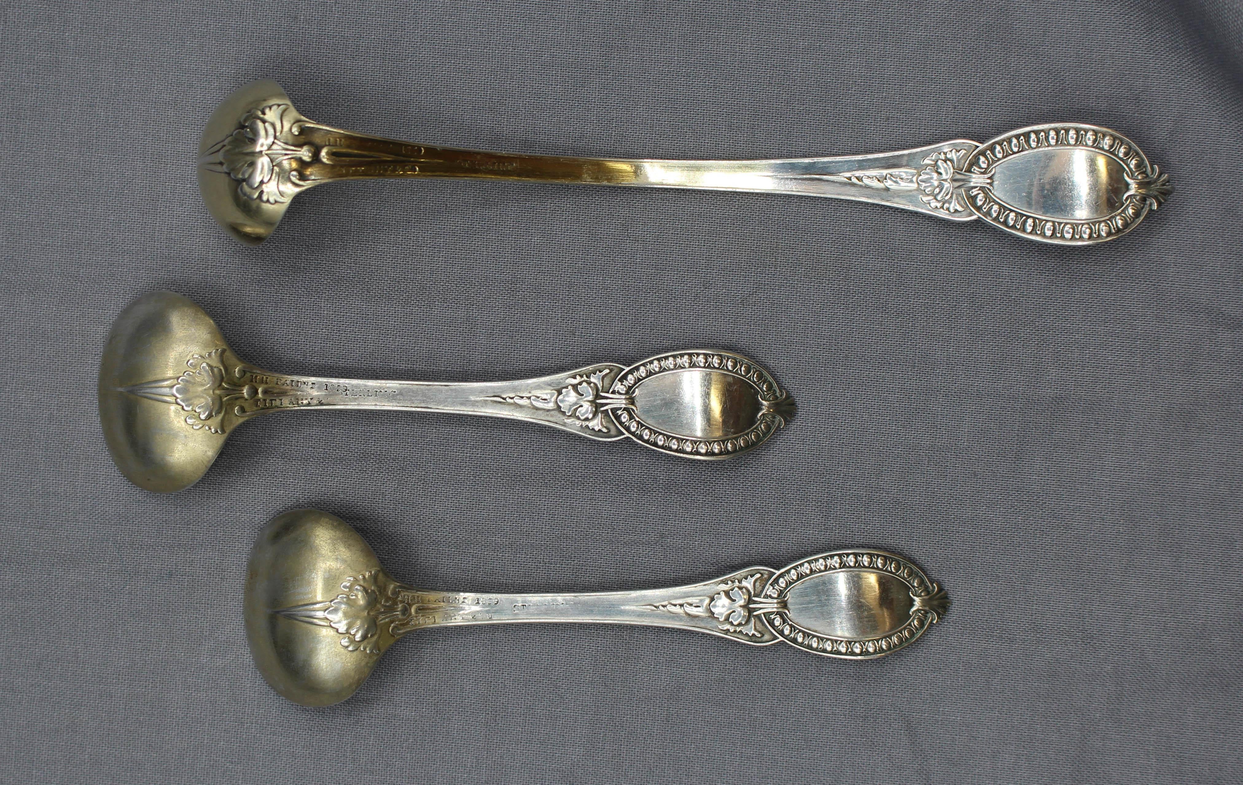 1859 Tiffany & Co sterling silver condiment ladle & pair of master salt spoons. Spoons monogrammed 