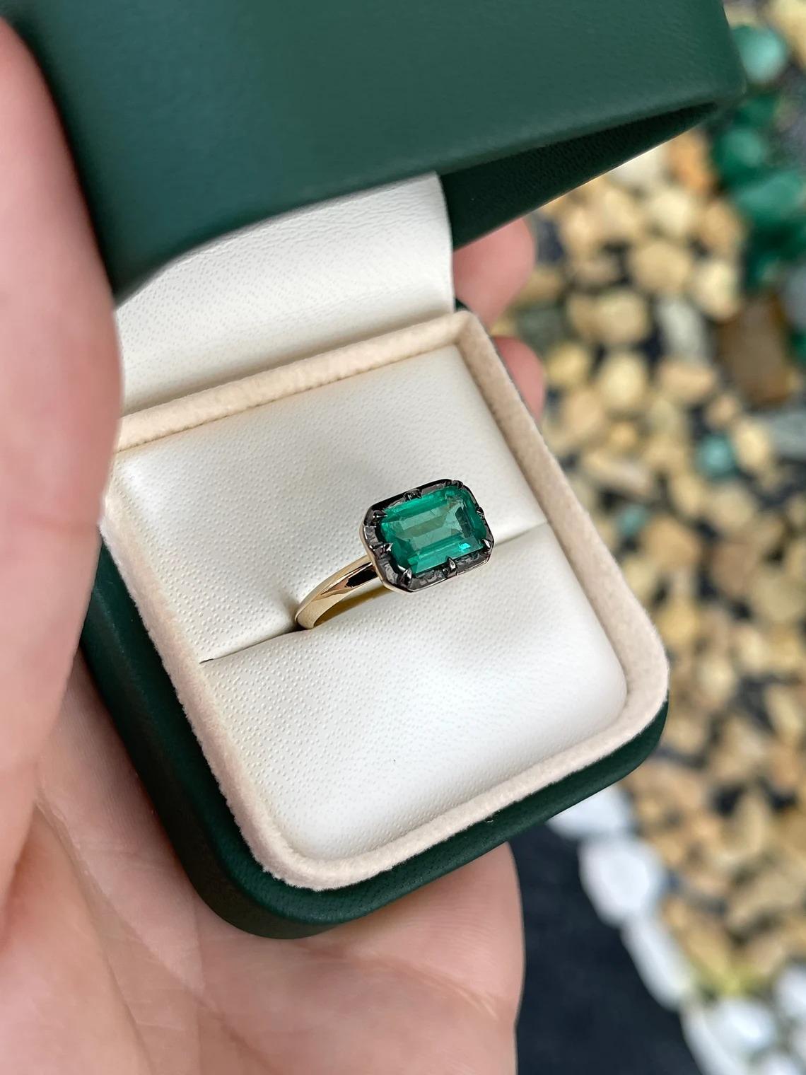 1.85ct 14K East to West Natural Emerald Cut Emerald Black Rhodium 8 Prong Ring In New Condition For Sale In Jupiter, FL