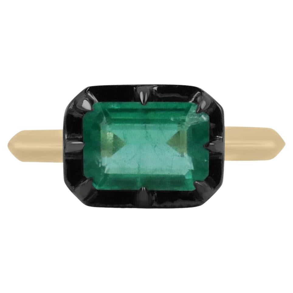 1.85ct 14K East to West Natural Emerald Cut Emerald Black Rhodium 8 Prong Ring For Sale