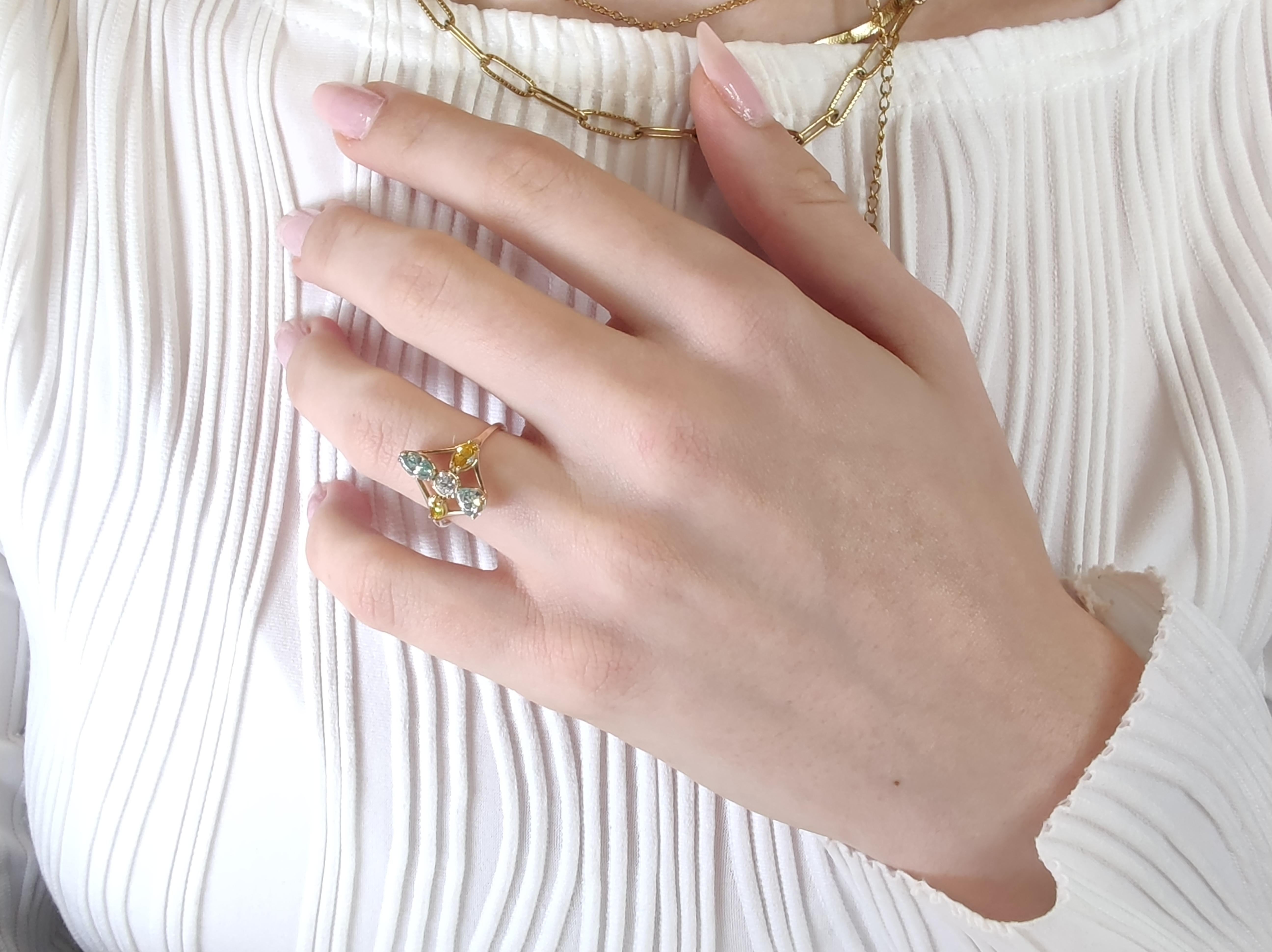 1,85 Karat farbiger Diamant-Cocktailring 14K Gold Marquise Birnen Brillantschliff (Zeitgenössisch) im Angebot
