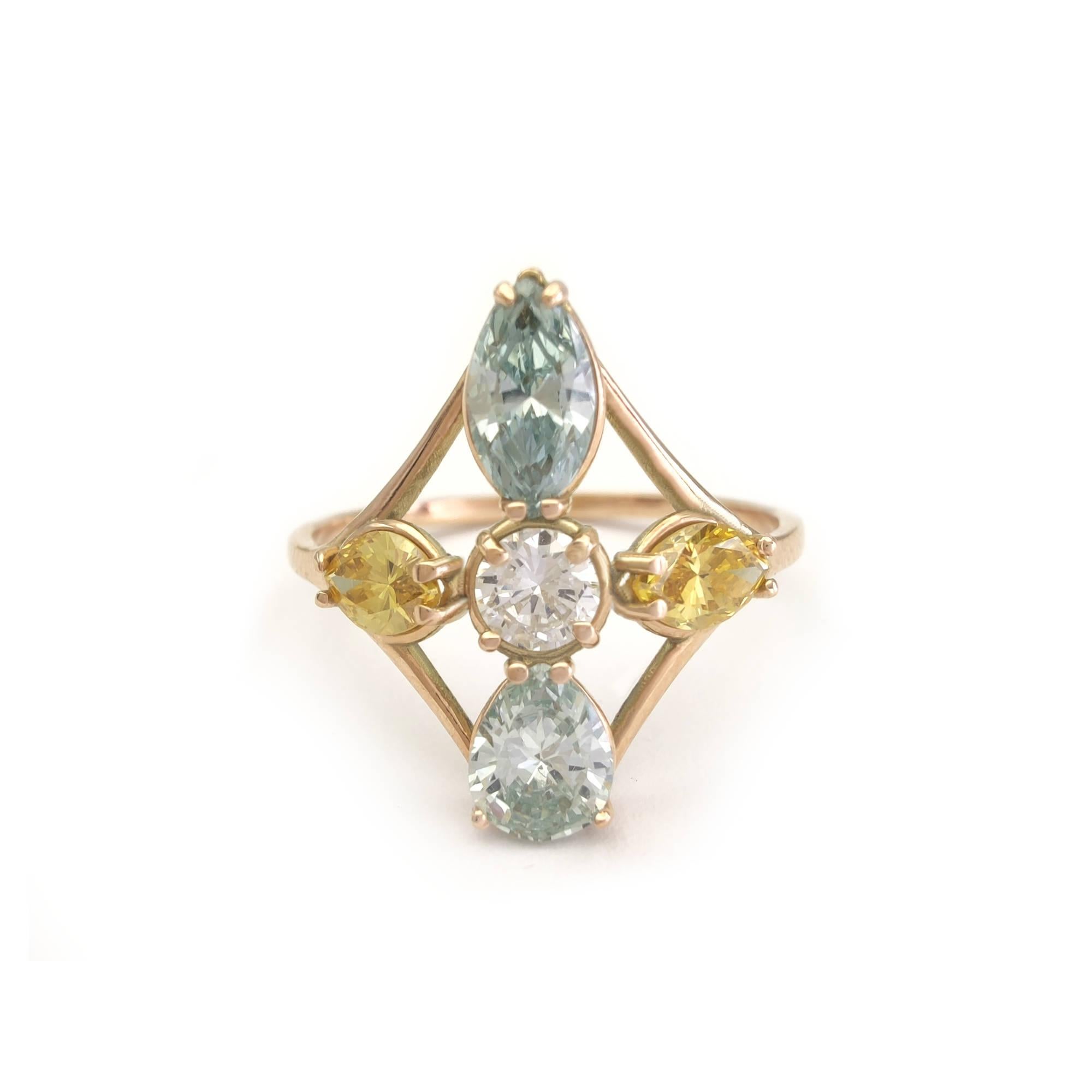 1,85 Karat farbiger Diamant-Cocktailring 14K Gold Marquise Birnen Brillantschliff (Marquiseschliff) im Angebot