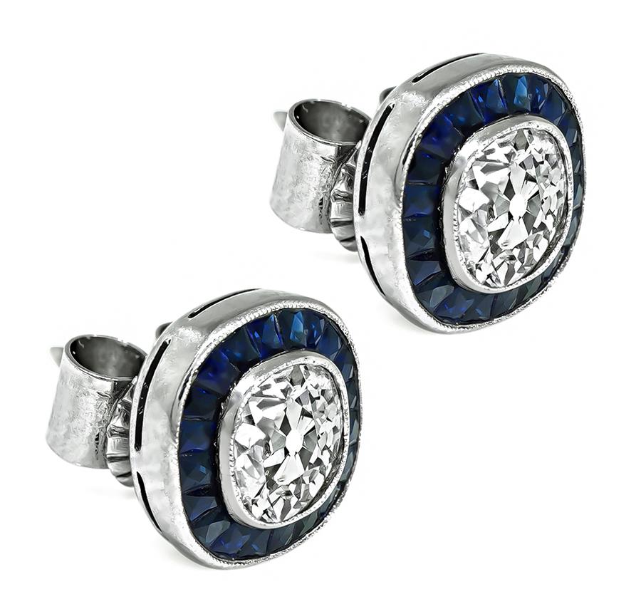 Cushion Cut 1.85ct Diamond 0.80ct Sapphire Stud Earrings For Sale