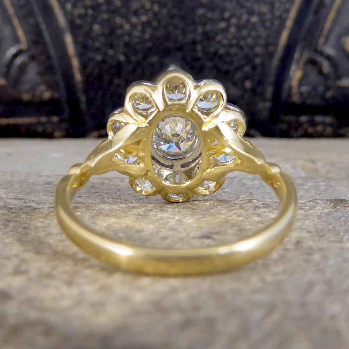 Round Cut 1.85ct Diamond Daisy Halo Cluster Ring Set in 18ct Yellow Gold and Platinum