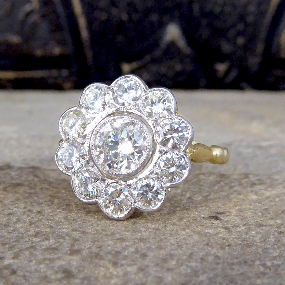 1.85ct Diamond Daisy Halo Cluster Ring Set in 18ct Yellow Gold and Platinum In Excellent Condition In Yorkshire, West Yorkshire