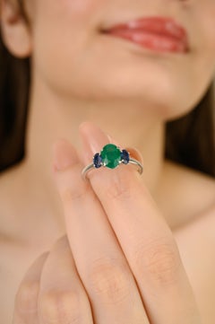 1.85Ct Emerald & Blue Sapphire Three Stone Ring in 14K White Gold Fine Jewelry