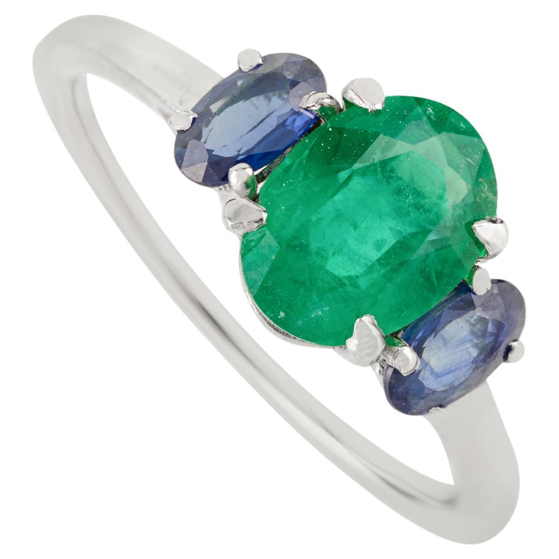 1.85Ct Emerald & Blue Sapphire Three Stone Ring in 14K White Gold Fine Jewelry (Bague à trois pierres en or blanc 14K)