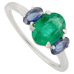 1.85Ct Emerald & Blue Sapphire Three Stone Ring in 14K White Gold Fine Jewelry (Bague à trois pierres en or blanc 14K)